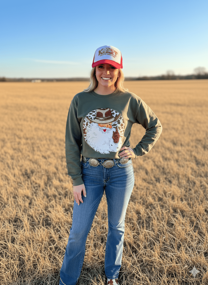 Wild Junkie Western Santa Sequin Patch Sweatshirt — lifestyle worn / used context