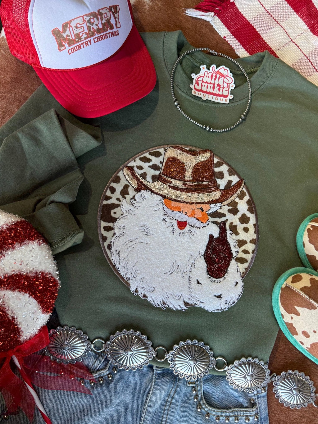 Wild Junkie Western Santa Sequin Patch Sweatshirt — detail shot 6