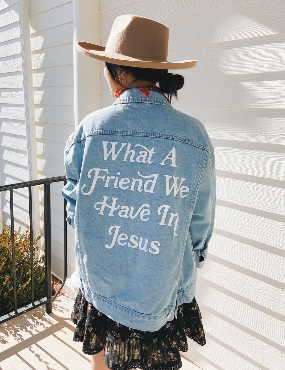 Elevated Faith What a Friend In Jesus Denim Jacket — size reference
