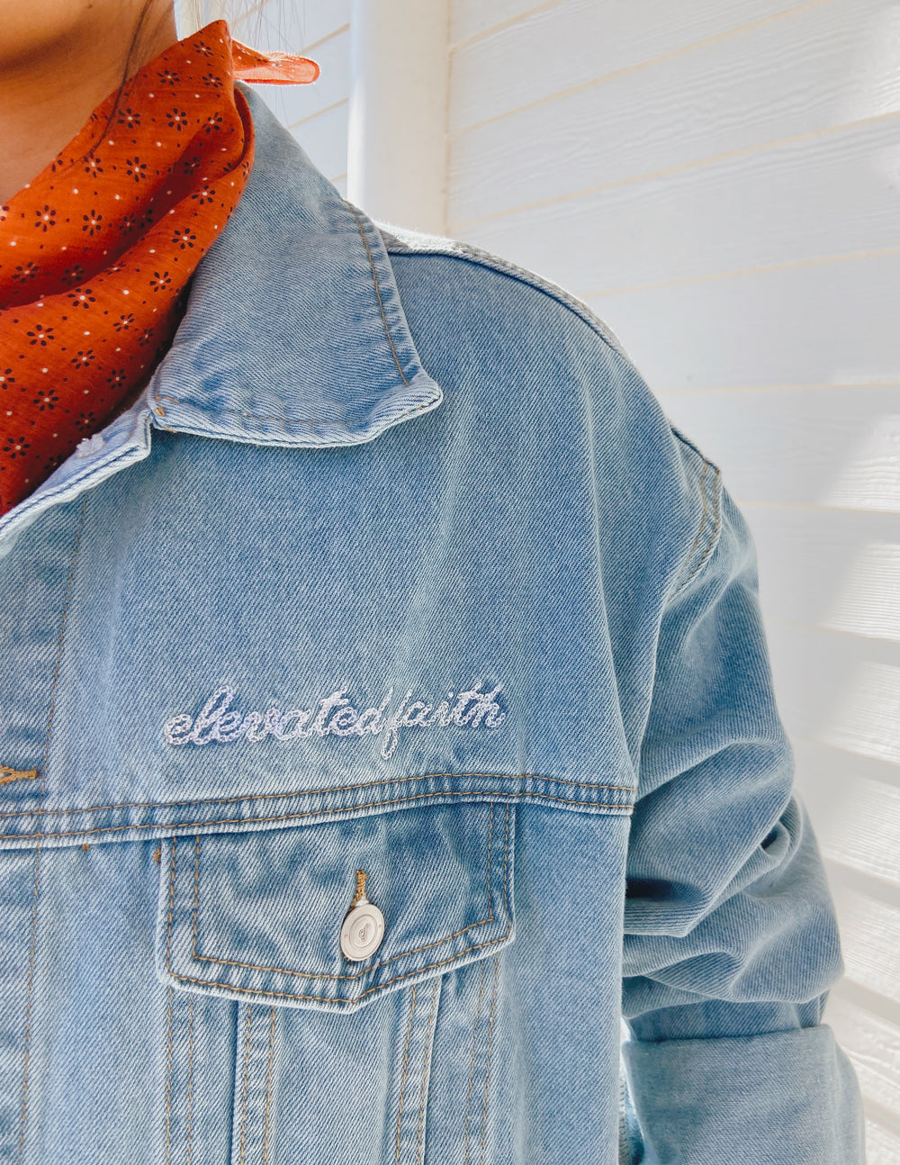 Elevated Faith What a Friend In Jesus Denim Jacket — packaging