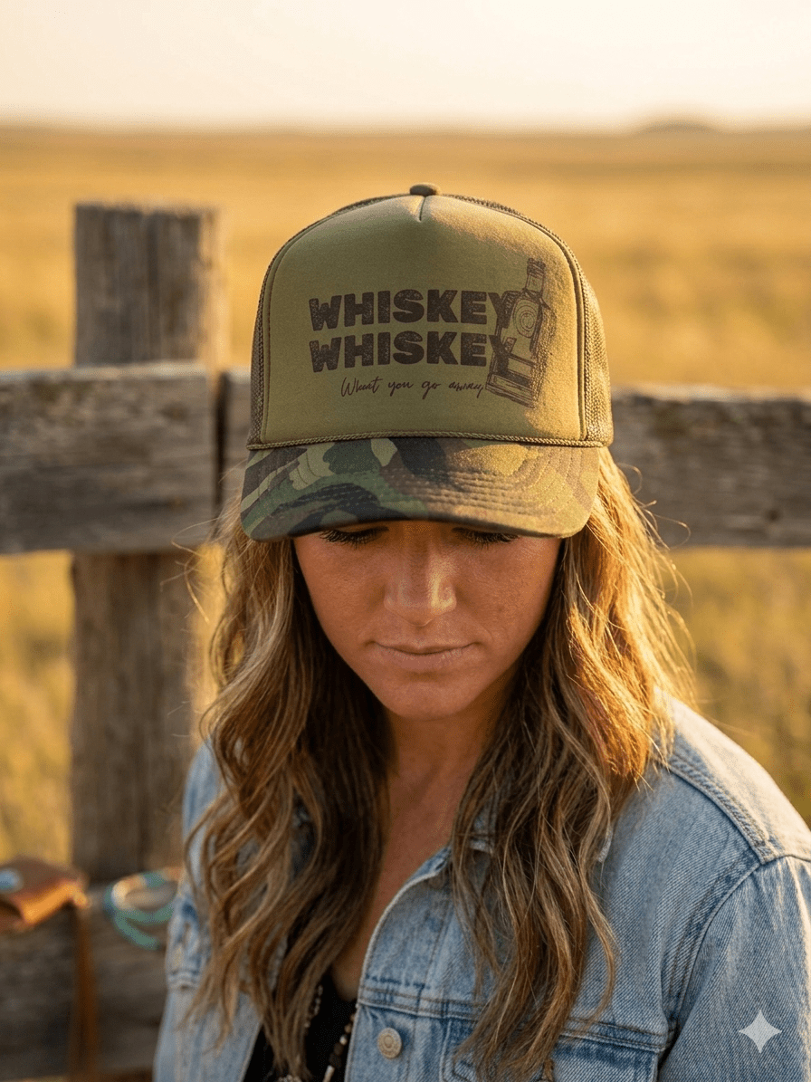 Wild Junkie Whiskey Whiskey Trucker Hat — detail close-up