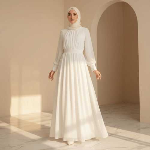 White Chiffon Princess Dress Abaya with Lantern Sleeves | Elegant Spring Fairy Swing French Court-Style Abaya (MA180)