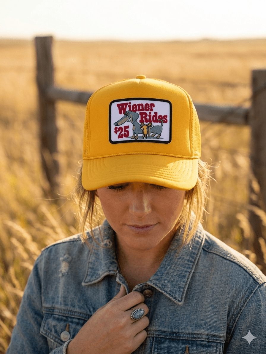 Wild Junkie Wiener Rides Patch Trucker Hat — construction detail