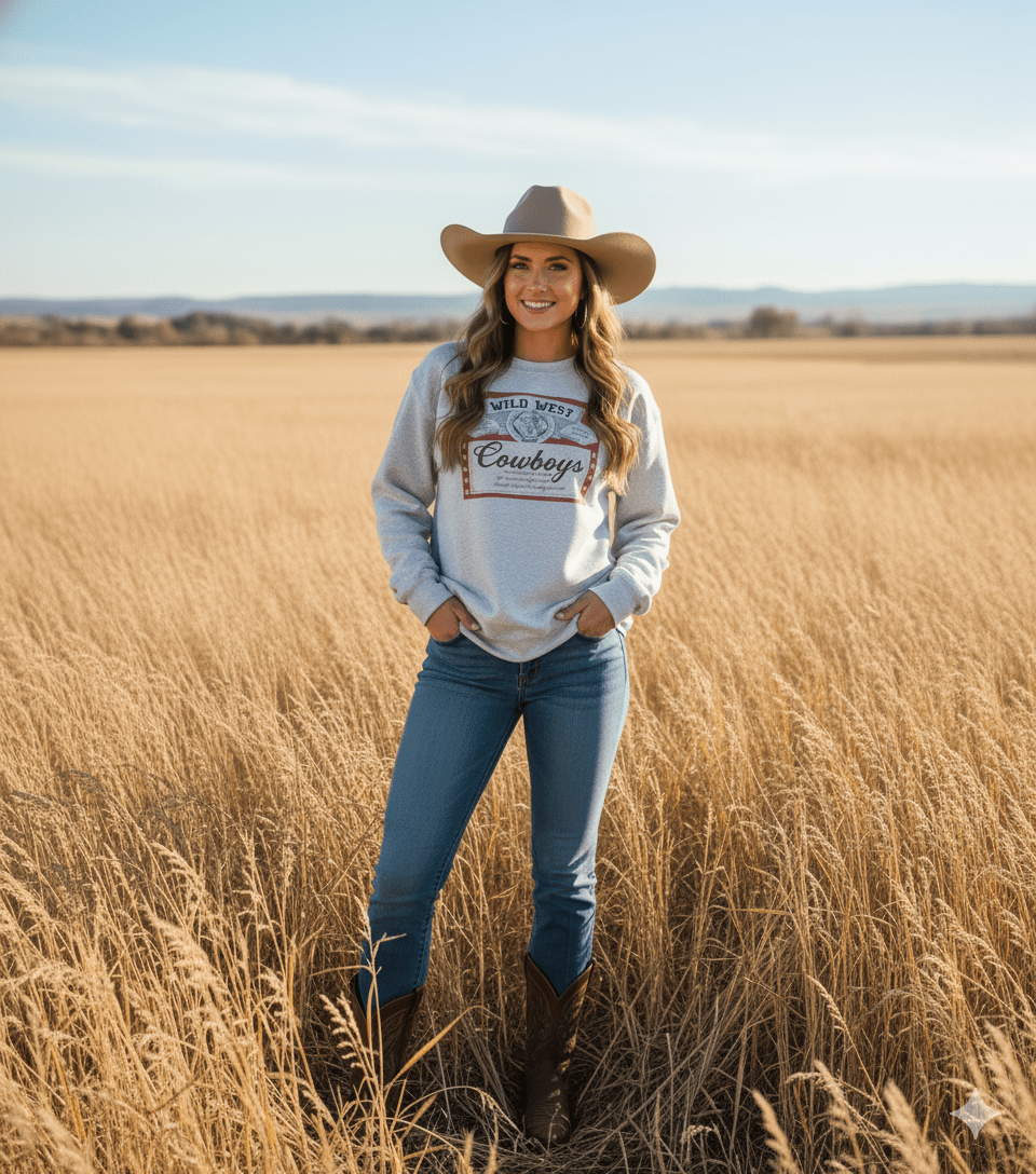 Wild Junkie Wild West Cowboys Western Beer Logo Graphic Sweatshirt — construction detail