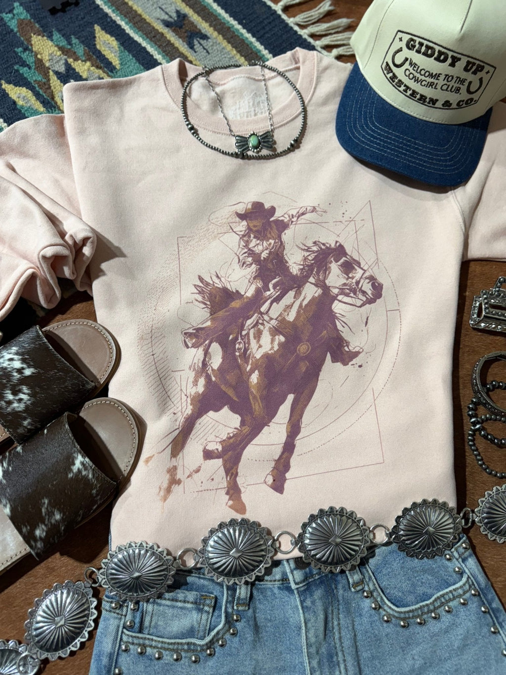 Wild Junkie Vintage Modern Cowgirl Graphic Sweatshirt — construction detail