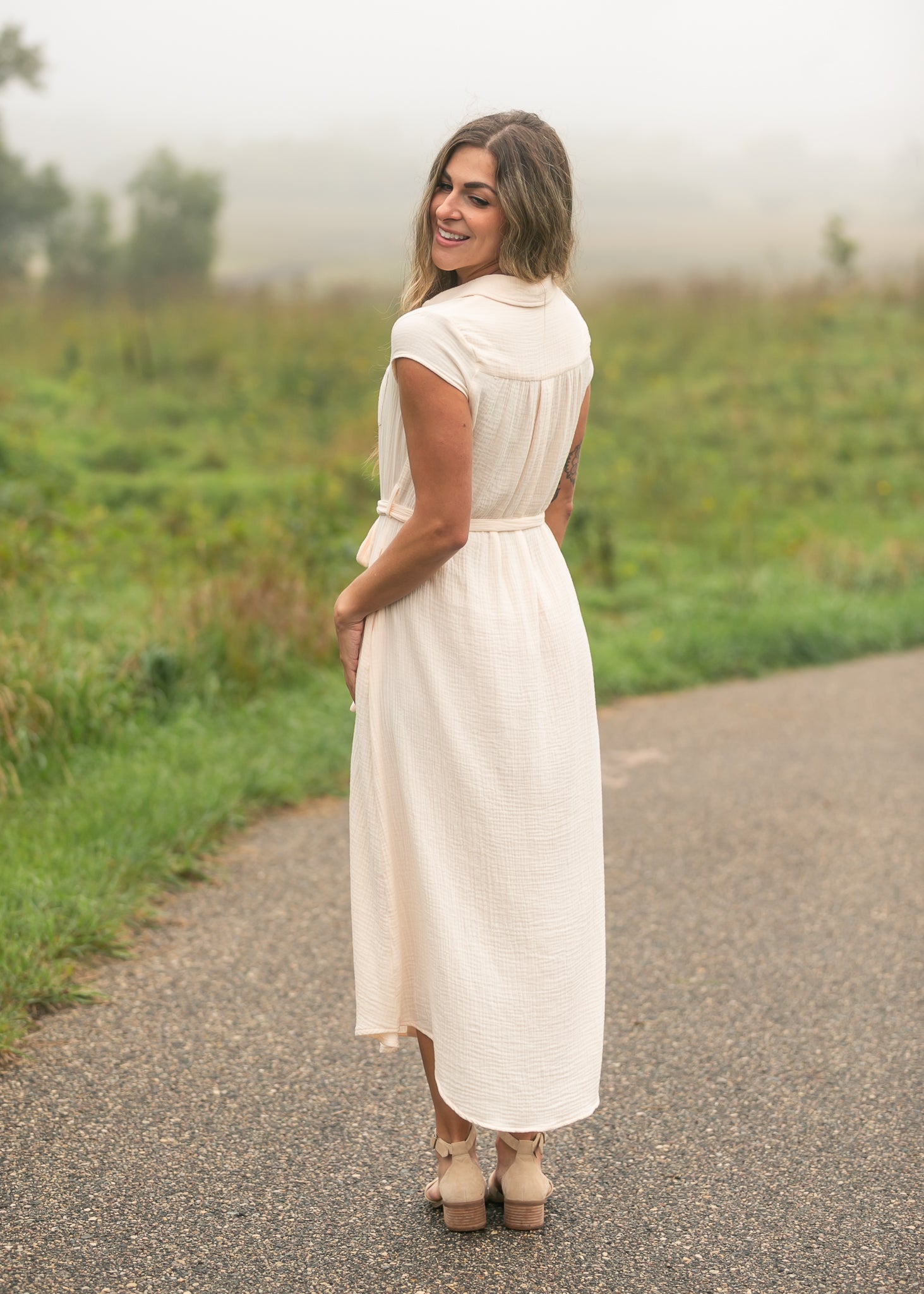 Inherit Co. Willow Blush Pink Cotton Gauze Midi Dress — comparison shot