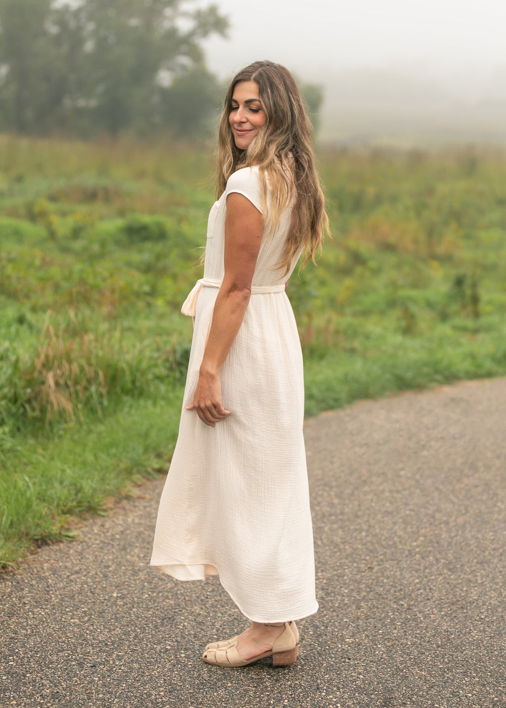 Inherit Co. Willow Blush Pink Cotton Gauze Midi Dress — side view