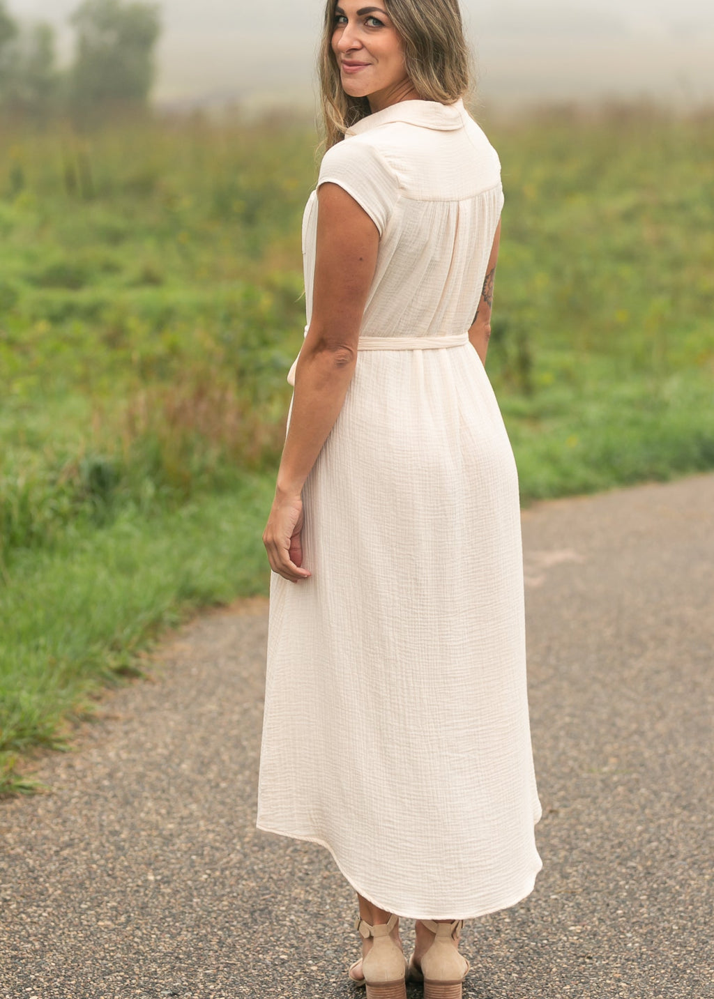 Inherit Co. Willow Blush Pink Cotton Gauze Midi Dress — back view