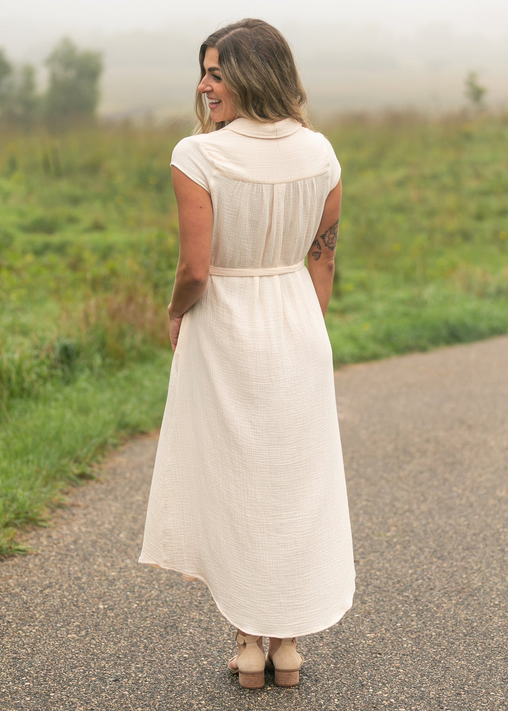 Inherit Co. Willow Blush Pink Cotton Gauze Midi Dress — color detail