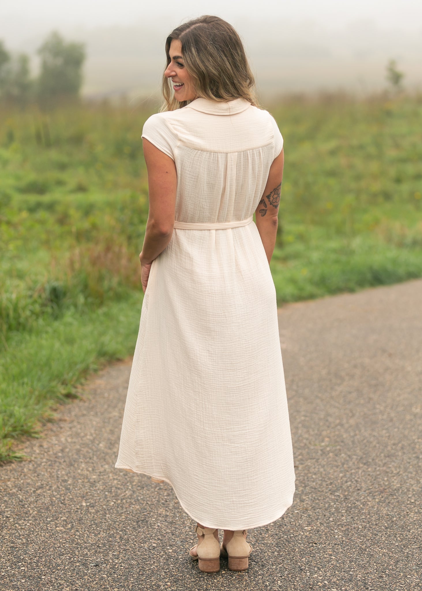 Inherit Co. Willow Blush Pink Cotton Gauze Midi Dress — color detail