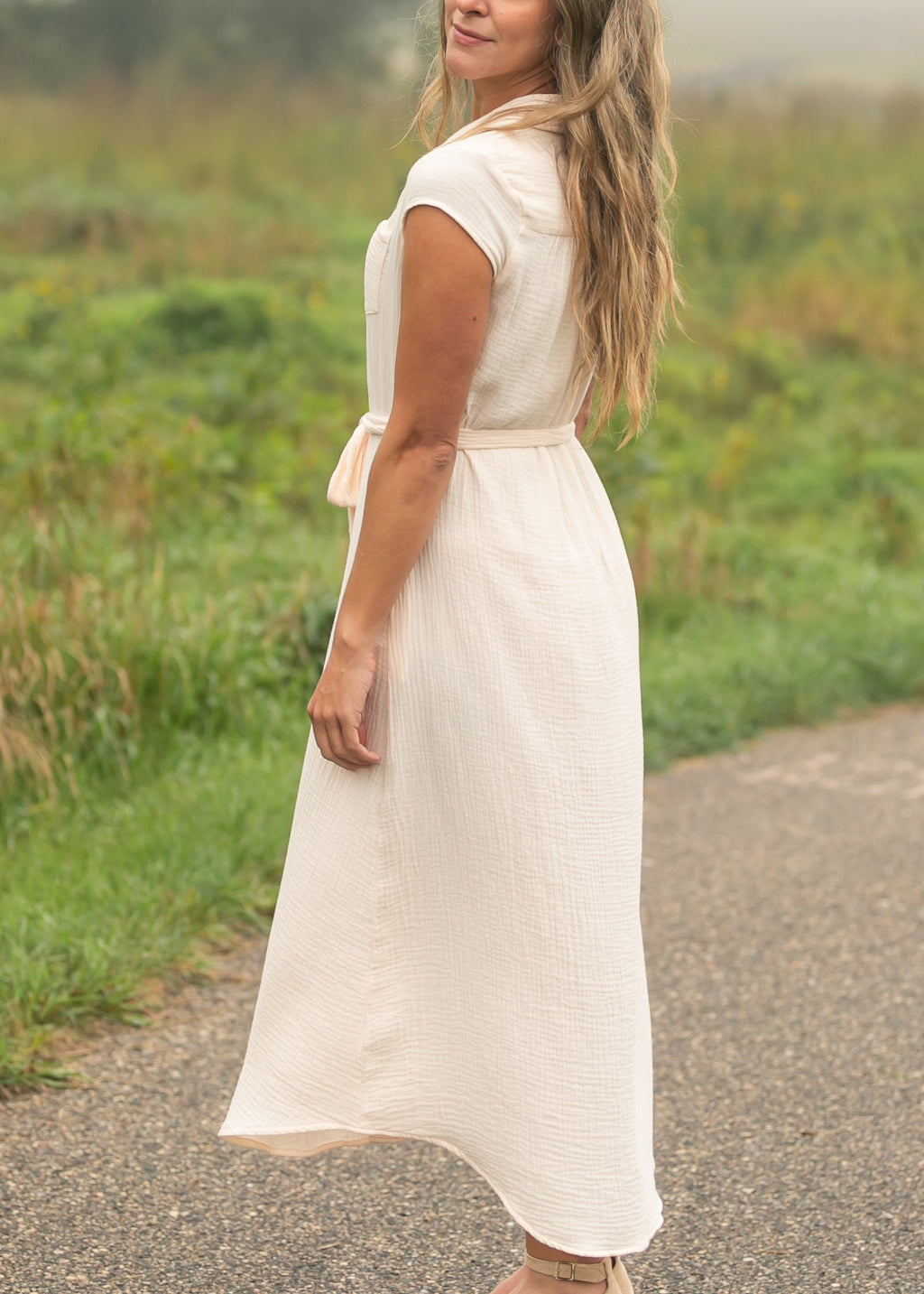 Inherit Co. Willow Blush Pink Cotton Gauze Midi Dress — fabric or material detail