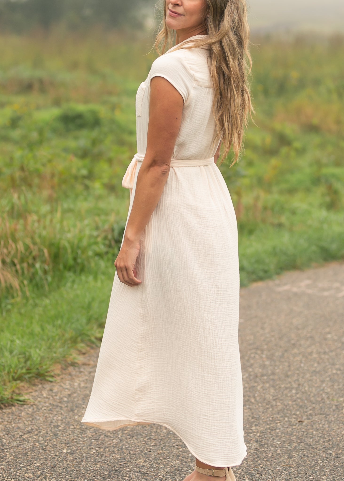 Inherit Co. Willow Blush Pink Cotton Gauze Midi Dress — fabric or material detail