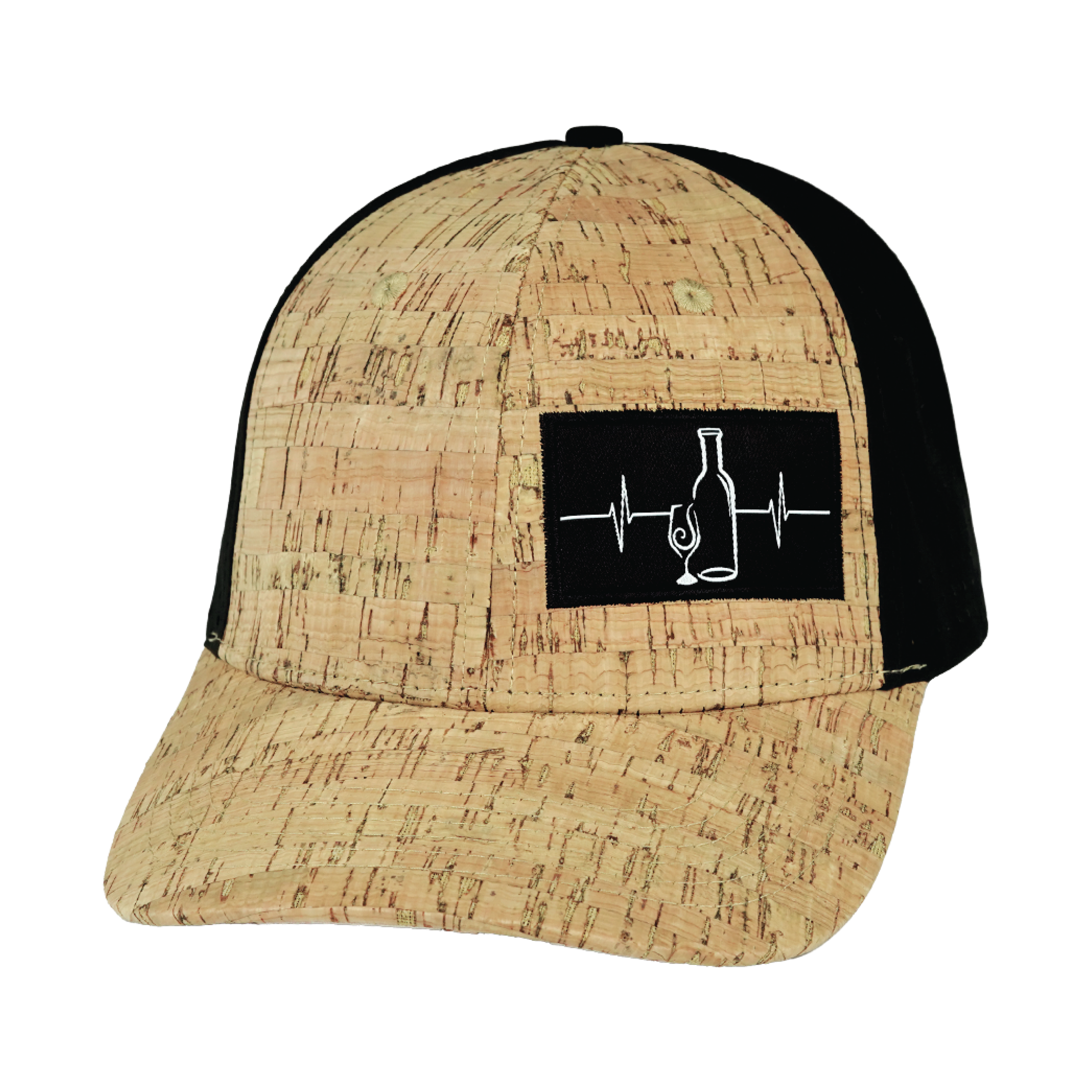 The Heartbeat Brand Wine Hat - Baseball Hat Fit - Cork - Black - Laser Mesh — back view
