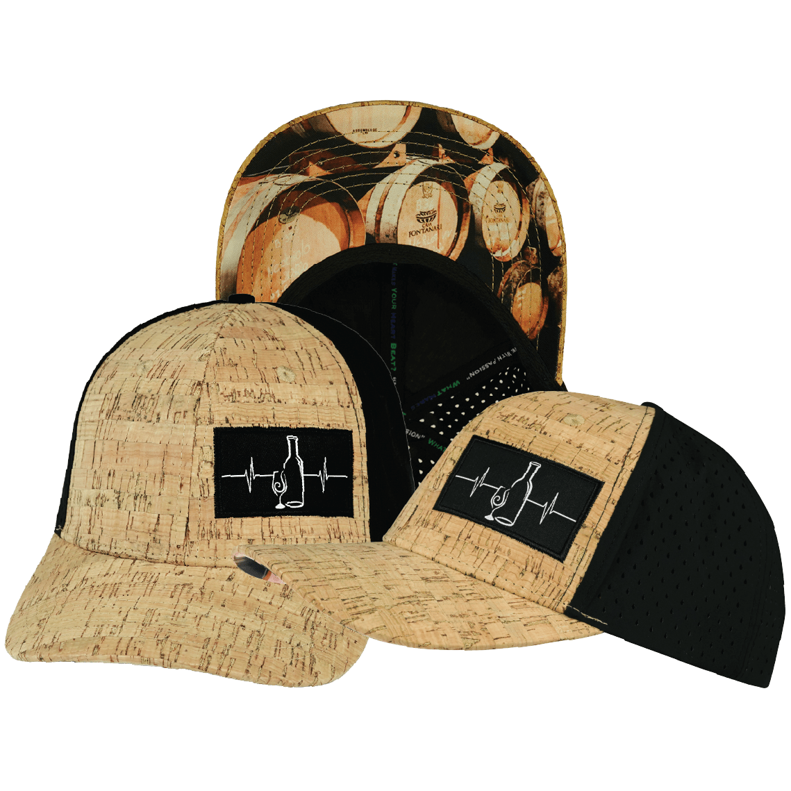 The Heartbeat Brand Wine Hat - Baseball Hat Fit - Cork - Black - Laser Mesh — main product shot