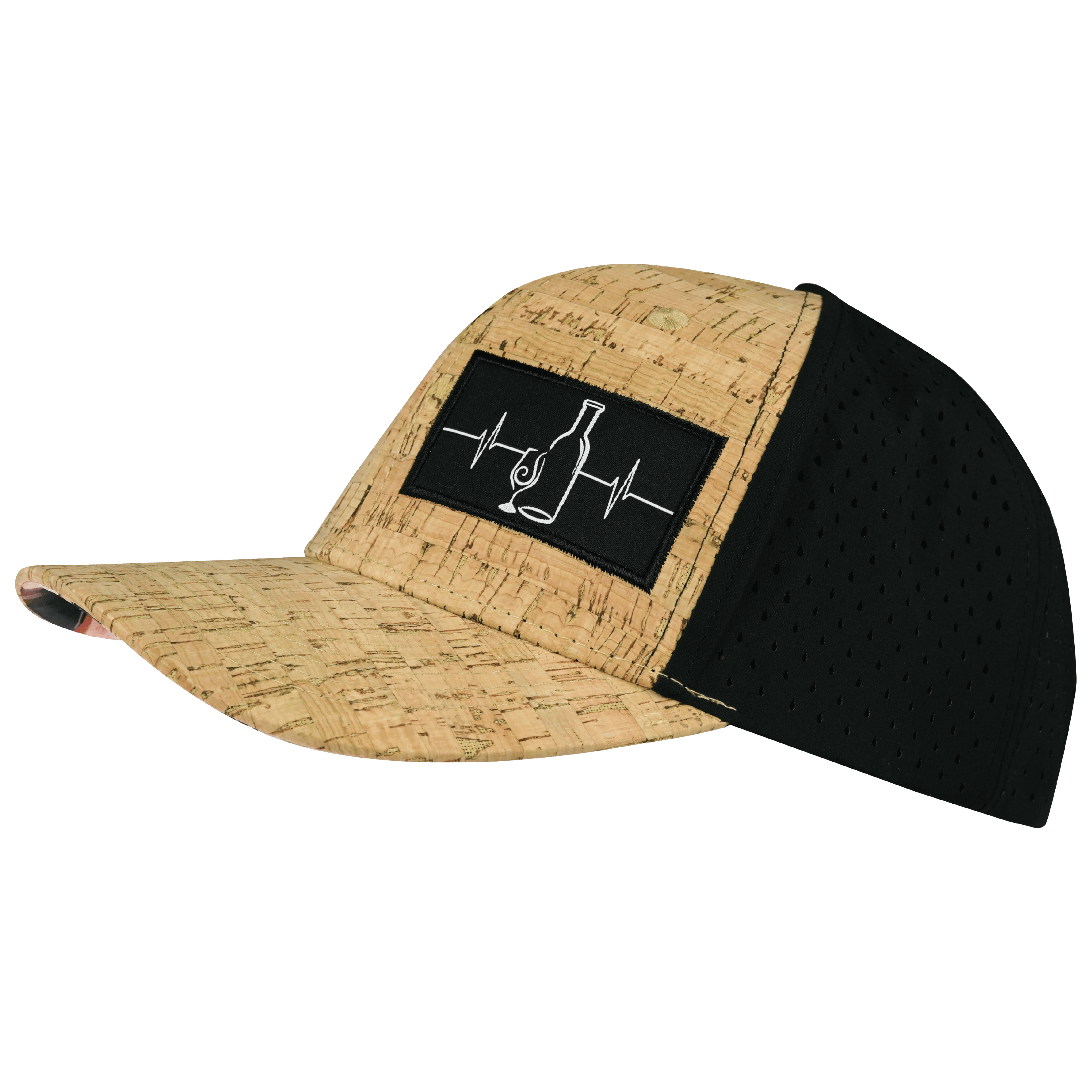 The Heartbeat Brand Wine Hat - Baseball Hat Fit - Cork - Black - Laser Mesh — side view