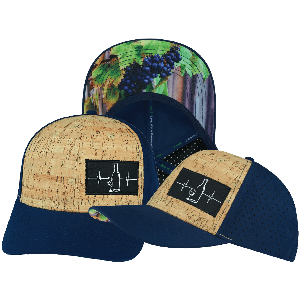 The Heartbeat Brand Wine Hat - Baseball Hat Fit - Cork - Navy - Laser Mesh — main product shot