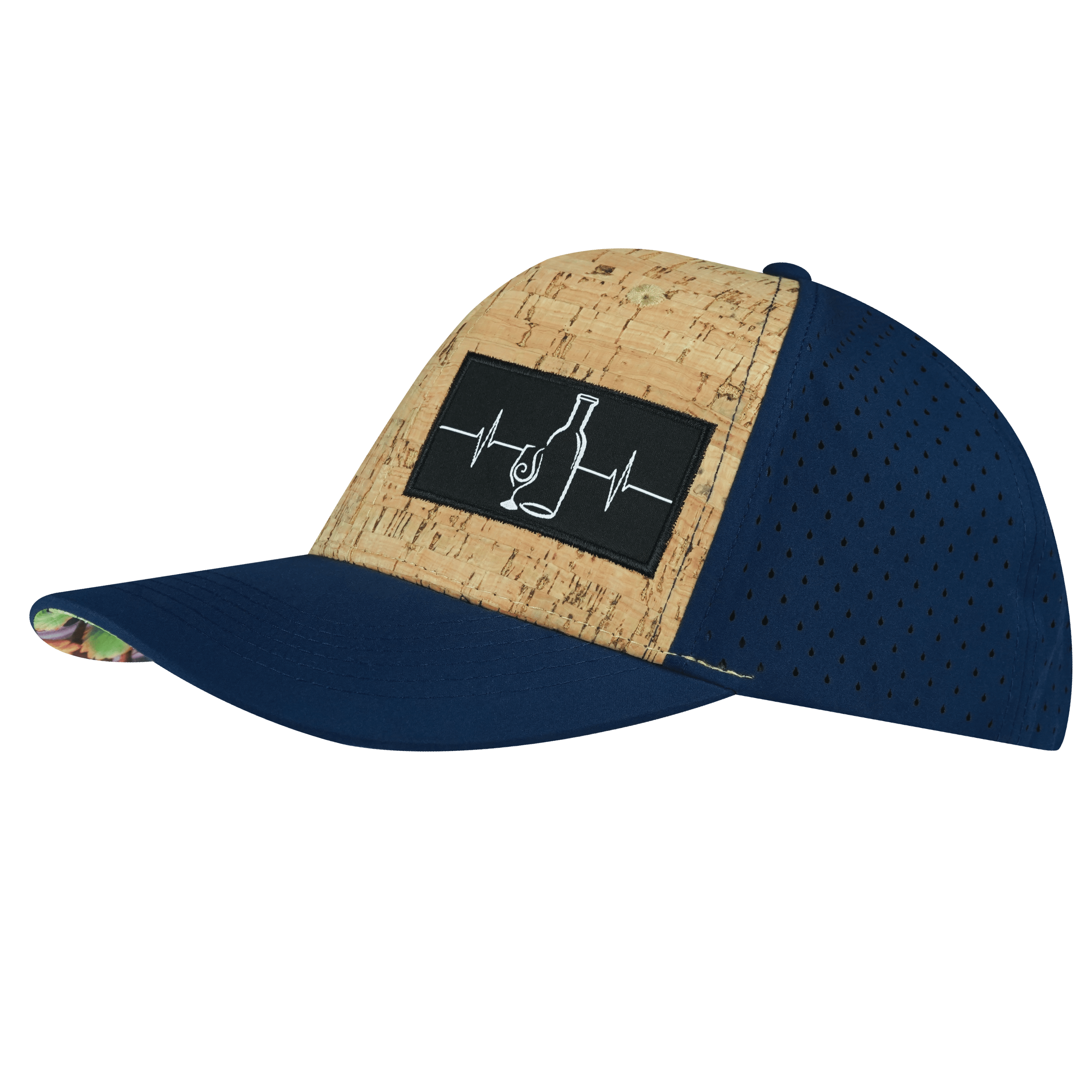 The Heartbeat Brand Wine Hat - Baseball Hat Fit - Cork - Navy - Laser Mesh — side view