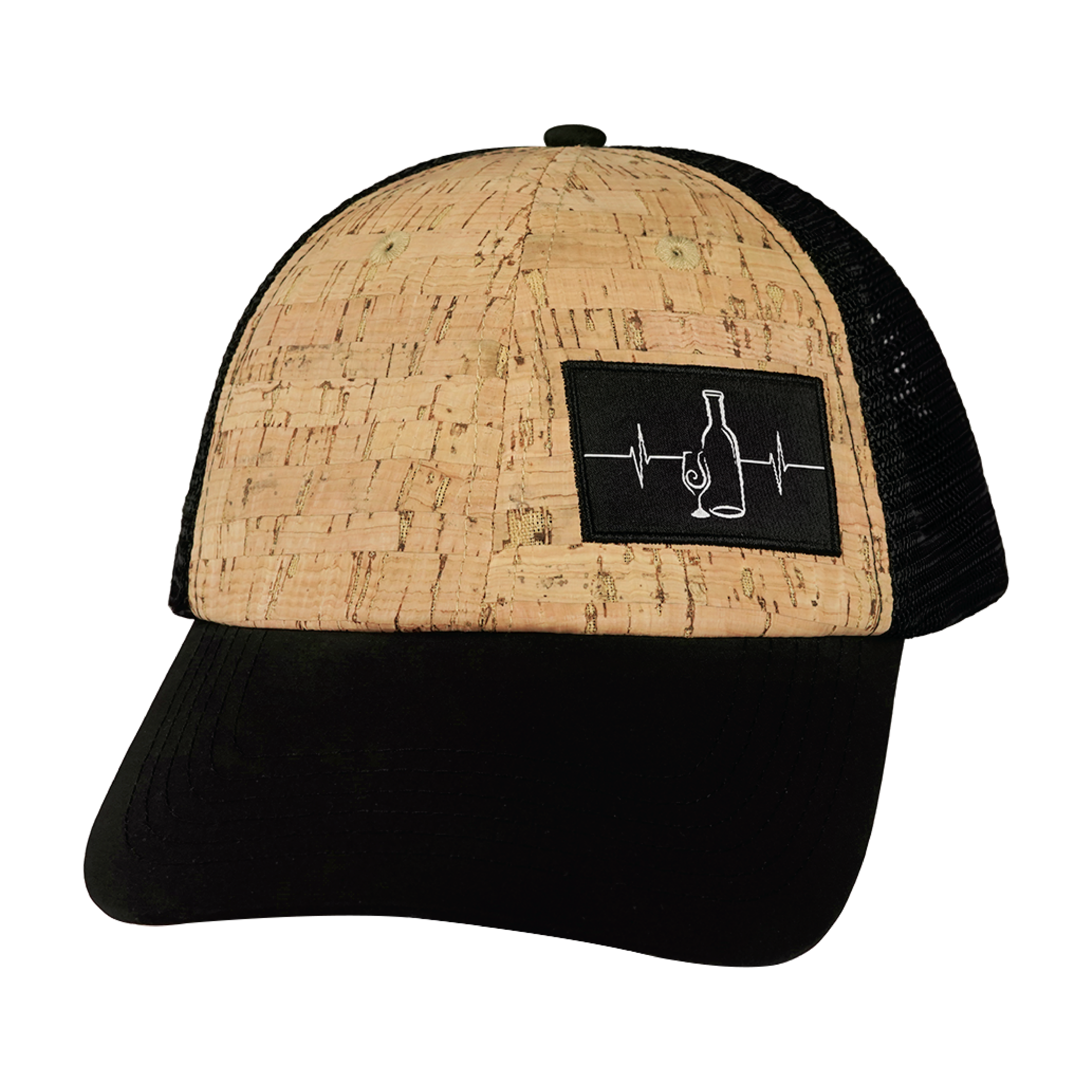 The Heartbeat Brand Wine Hat - Dad Hat - Cork - Black - Soft Trucker Mesh — back view