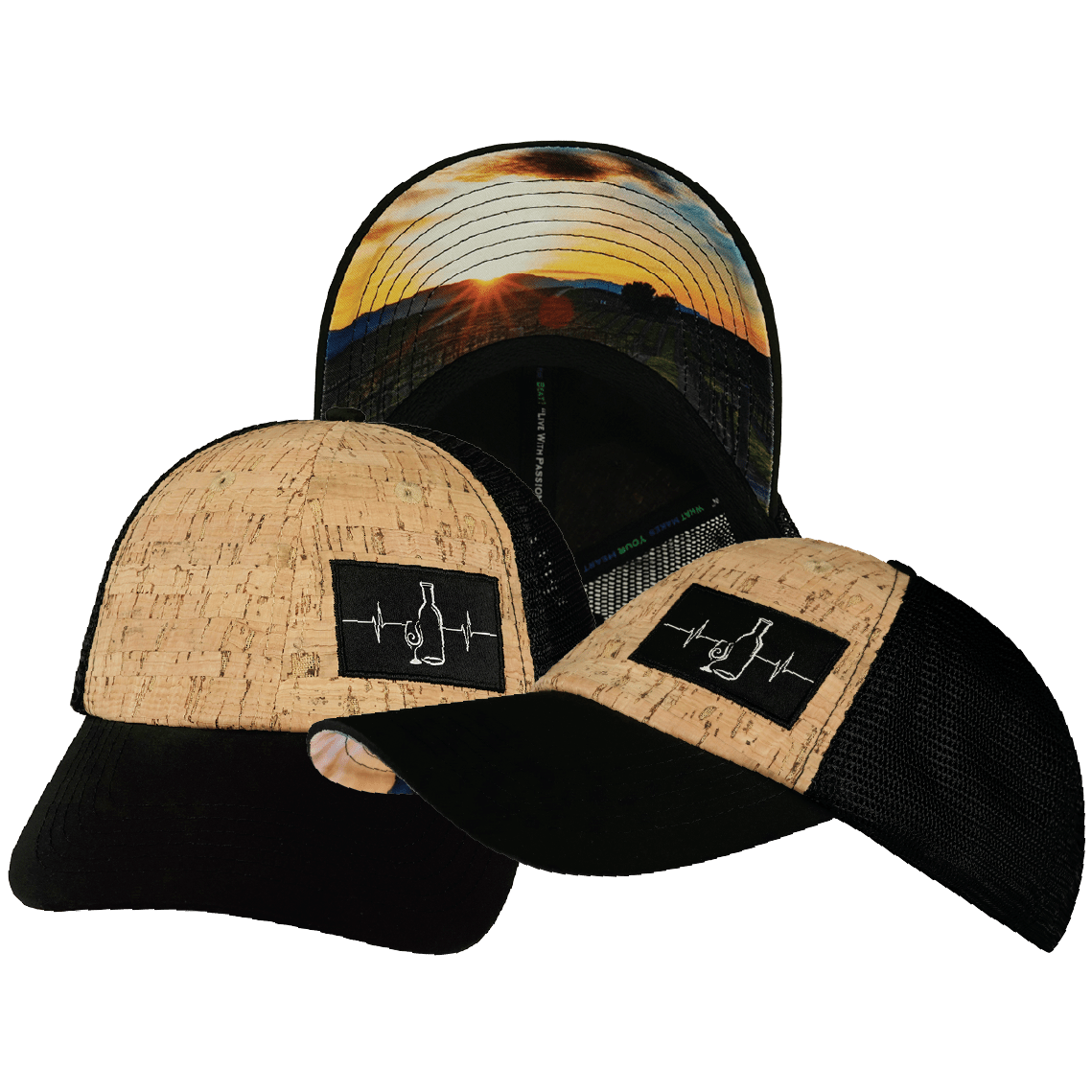 The Heartbeat Brand Wine Hat - Dad Hat - Cork - Black - Soft Trucker Mesh — main product shot