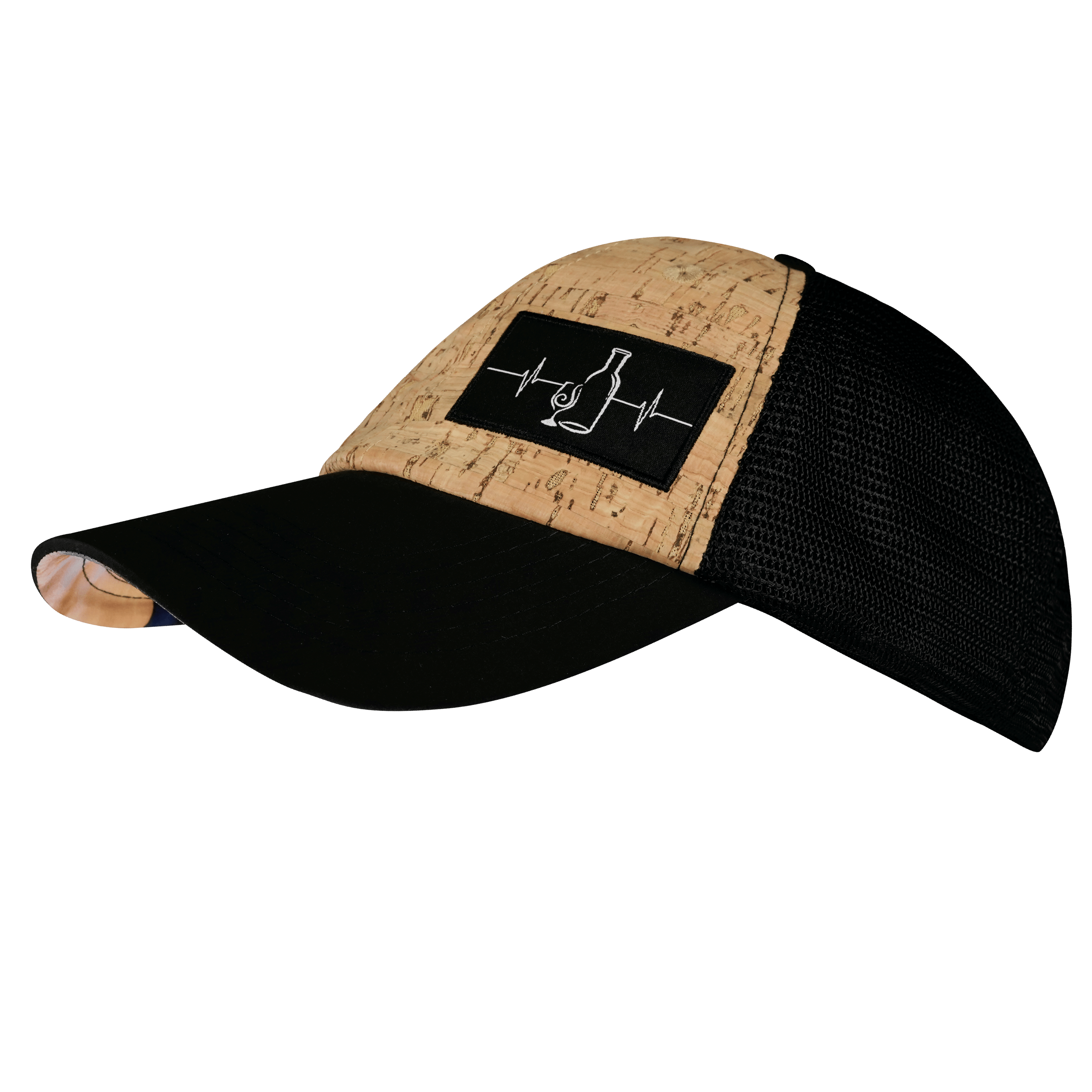The Heartbeat Brand Wine Hat - Dad Hat - Cork - Black - Soft Trucker Mesh — side view