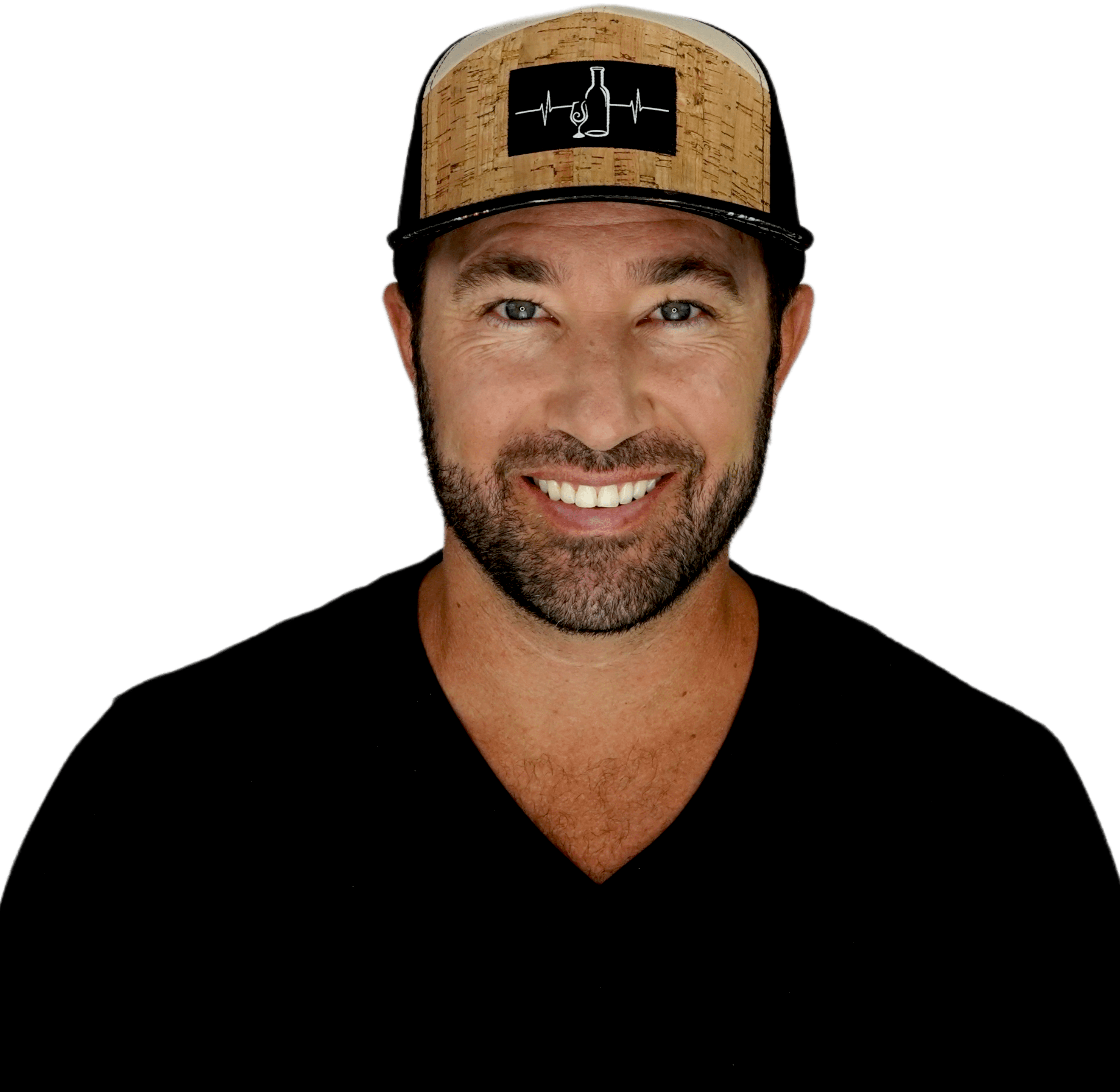 The Heartbeat Brand Wine Hat - Flat Bill - Cork - Black / Tan - Laser Mesh — detail close-up