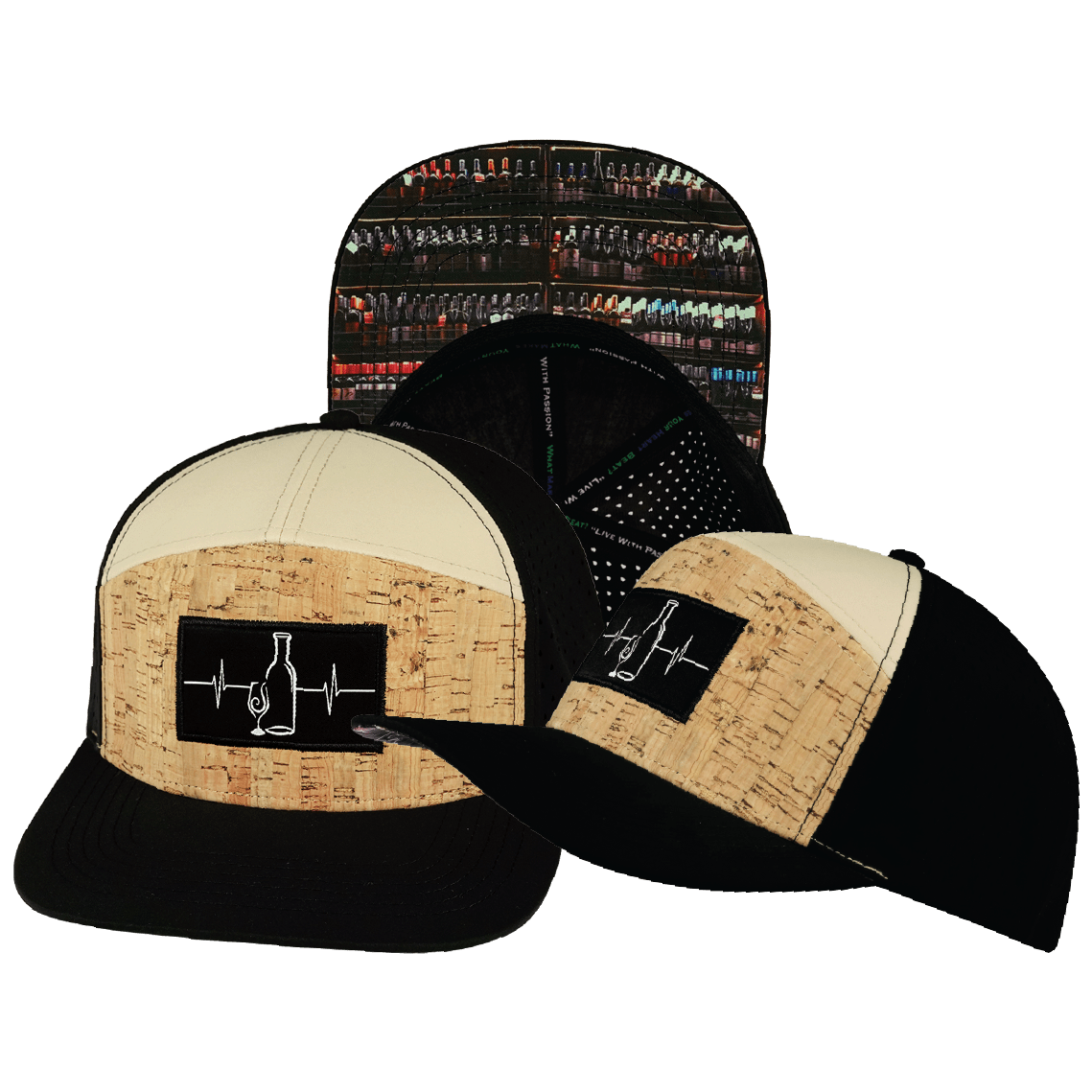 The Heartbeat Brand Wine Hat - Flat Bill - Cork - Black / Tan - Laser Mesh — main product shot