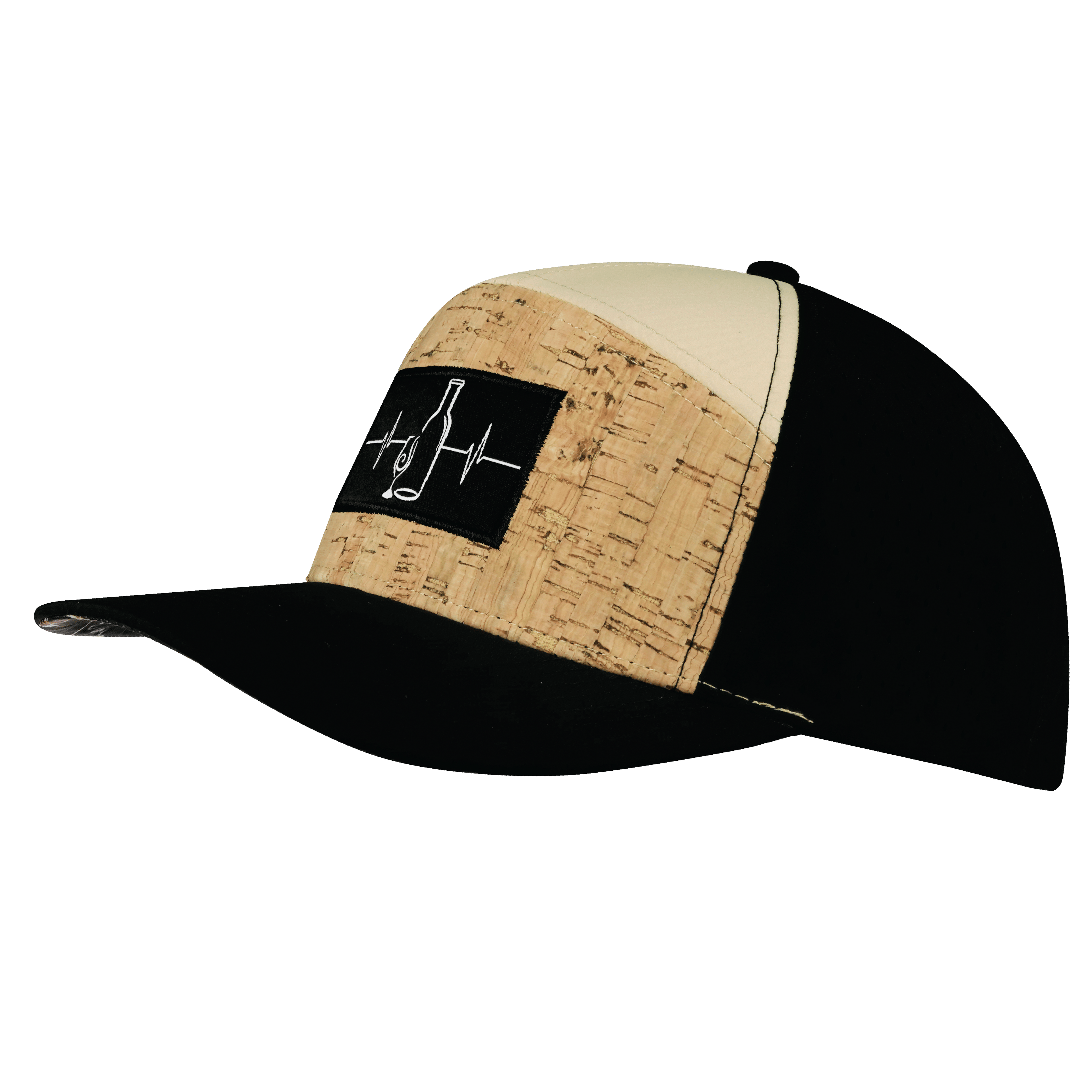 The Heartbeat Brand Wine Hat - Flat Bill - Cork - Black / Tan - Laser Mesh — side view