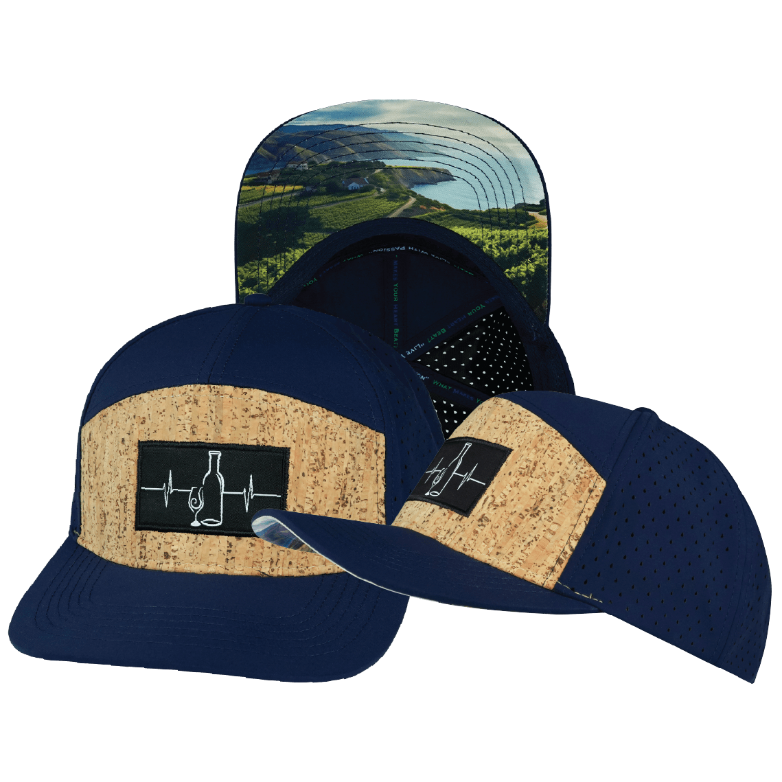 The Heartbeat Brand Wine Hat - Flat Bill - Cork - Navy - Laser Mesh — main product shot