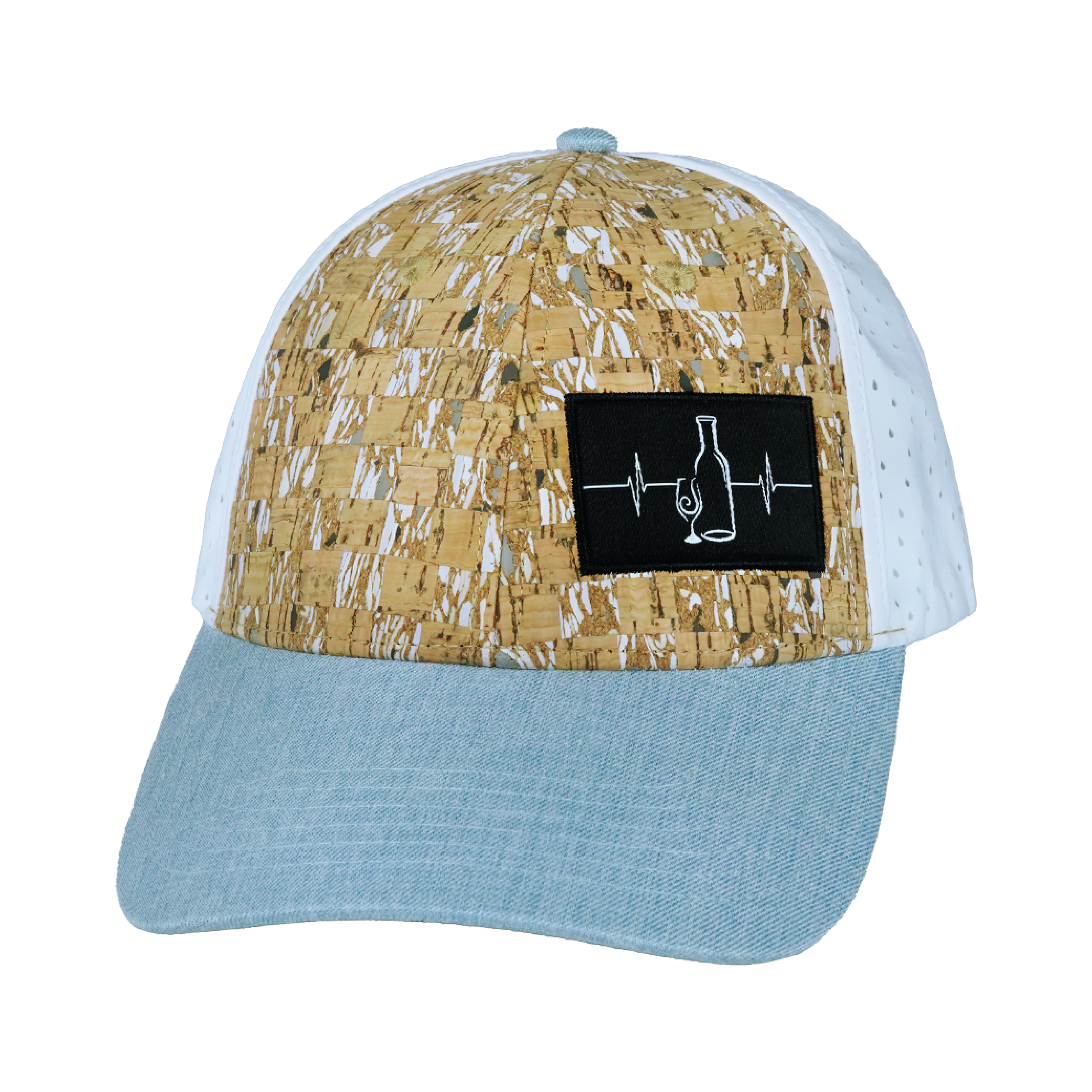 The Heartbeat Brand Wine Hat - Low Profile - Ponytail - Cork - Baby Blue / White - Laser Mesh — side view