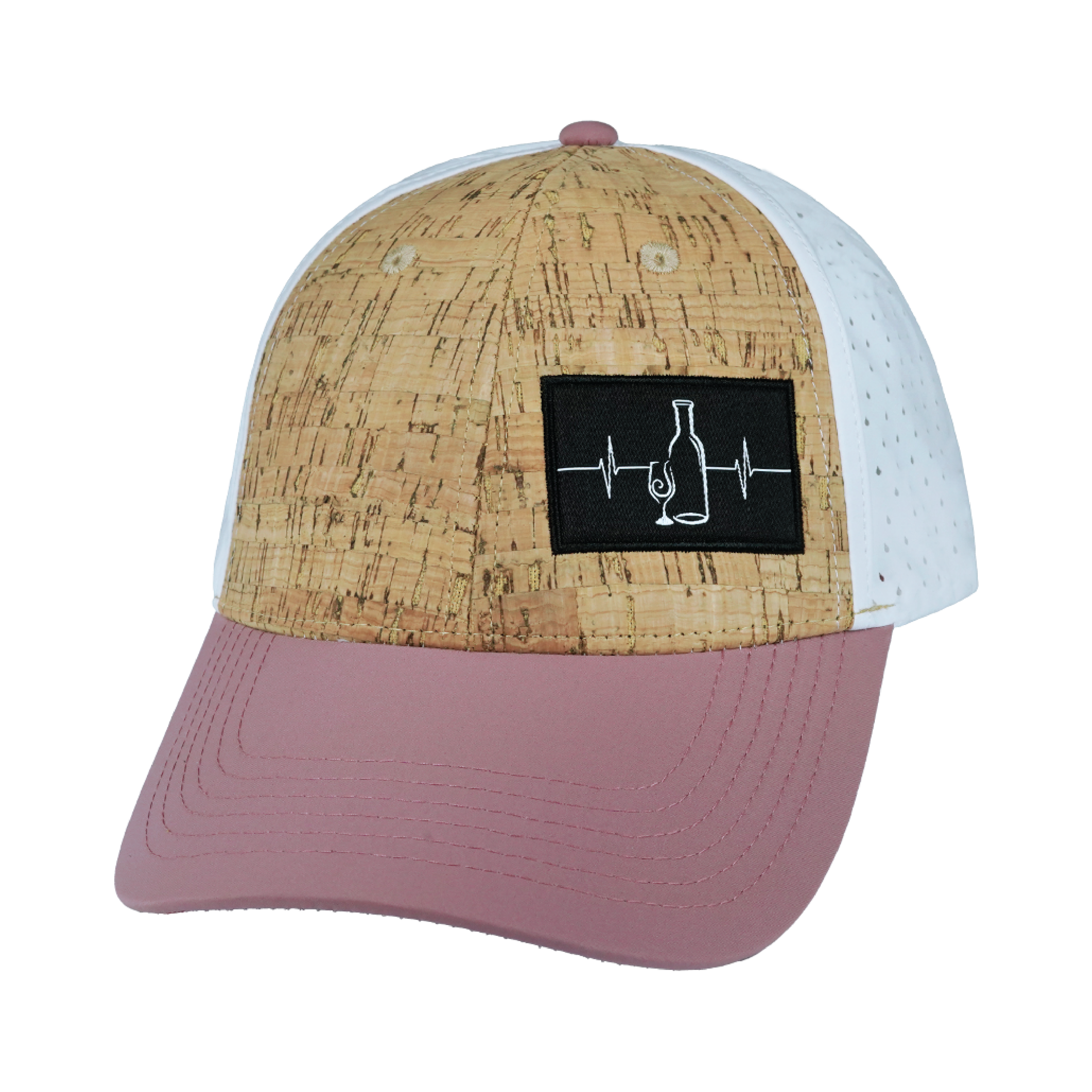 The Heartbeat Brand Wine Hat - Low Profile - Ponytail - Cork - Dusty Pink / White - Laser Mesh — side view