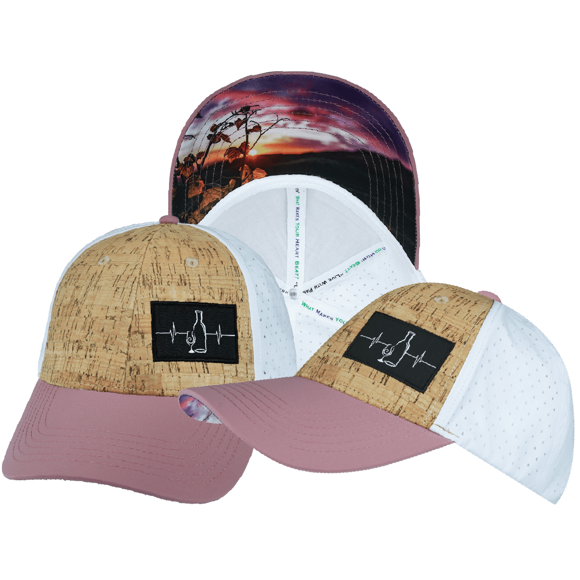 The Heartbeat Brand Wine Hat - Low Profile - Ponytail - Cork - Dusty Pink / White - Laser Mesh — main product shot
