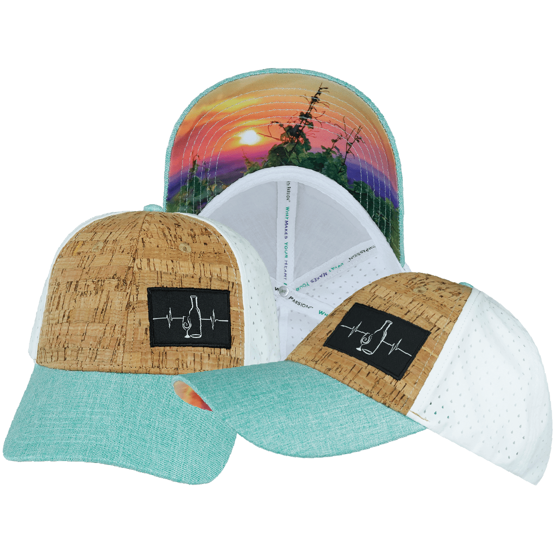The Heartbeat Brand Wine Hat - Low Profile - Ponytail - Cork - Mint / White - Laser Mesh — main product shot