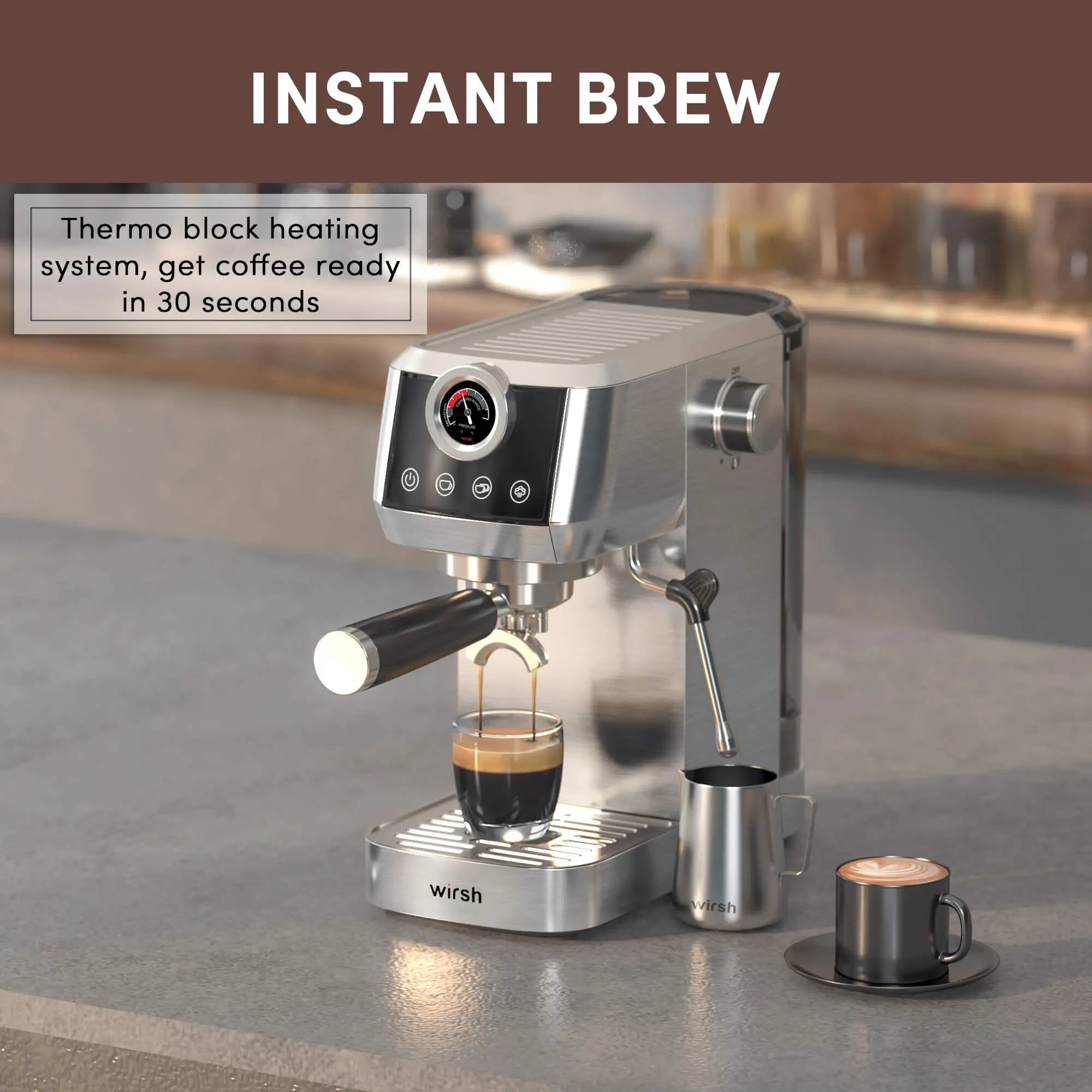 Wirsh 20 Bar Espresso Machine with Plastic Free Portafilter and Steamer, Pressure Gauge, Touch Screen, Full Stainless Steel (