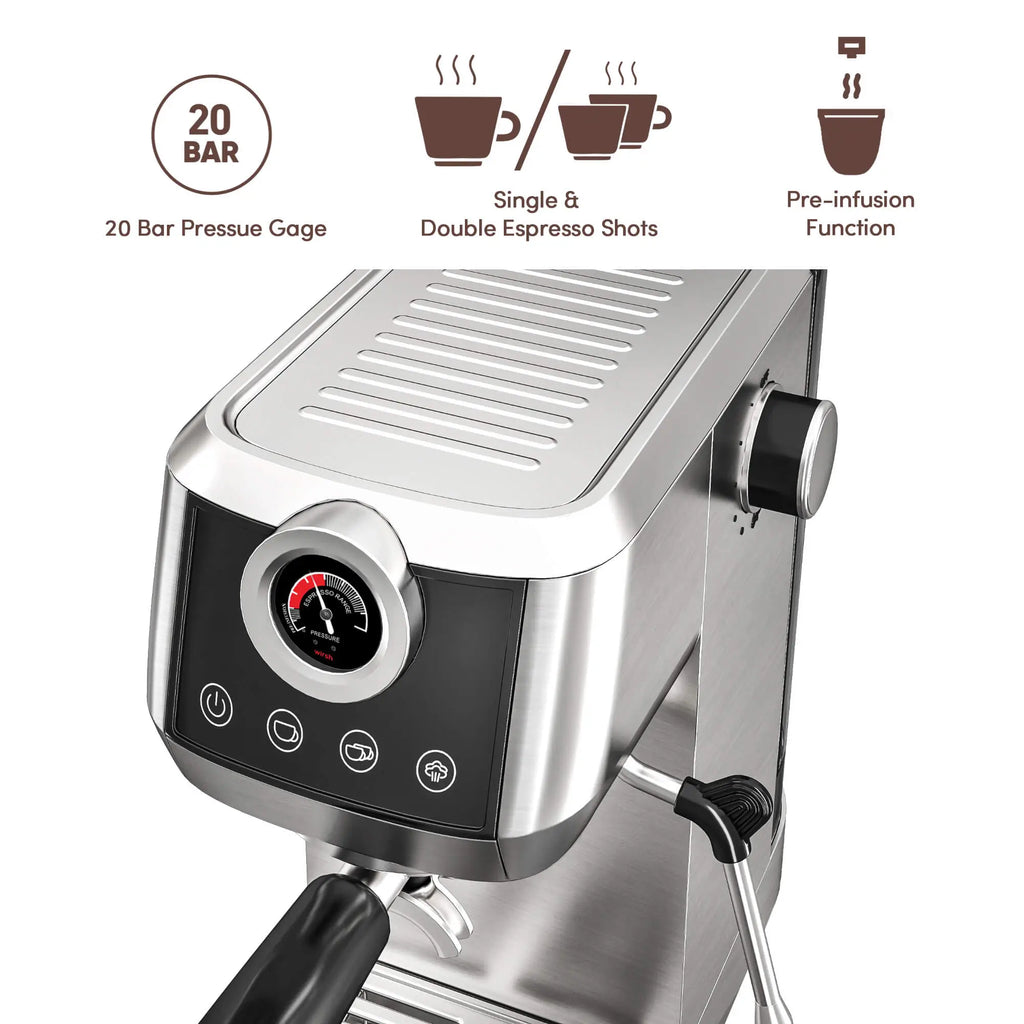Wirsh 20 Bar Espresso Machine with Plastic Free Portafilter and Steamer, Pressure Gauge, Touch Screen, Full Stainless Steel (