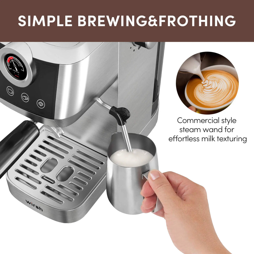 Wirsh 20 Bar Espresso Machine with Plastic Free Portafilter and Steamer, Pressure Gauge, Touch Screen, Full Stainless Steel (
