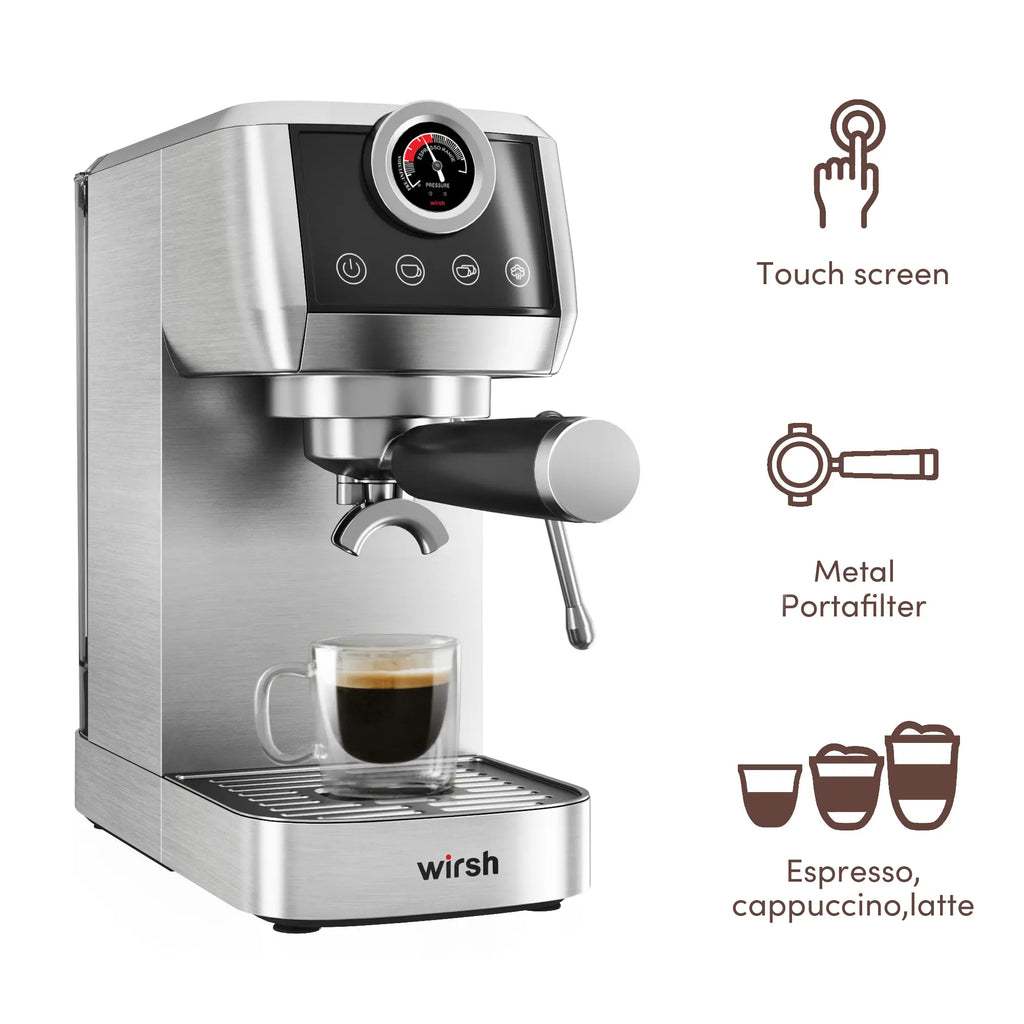 Wirsh 20 Bar Espresso Machine with Plastic Free Portafilter and Steamer, Pressure Gauge, Touch Screen, Full Stainless Steel (