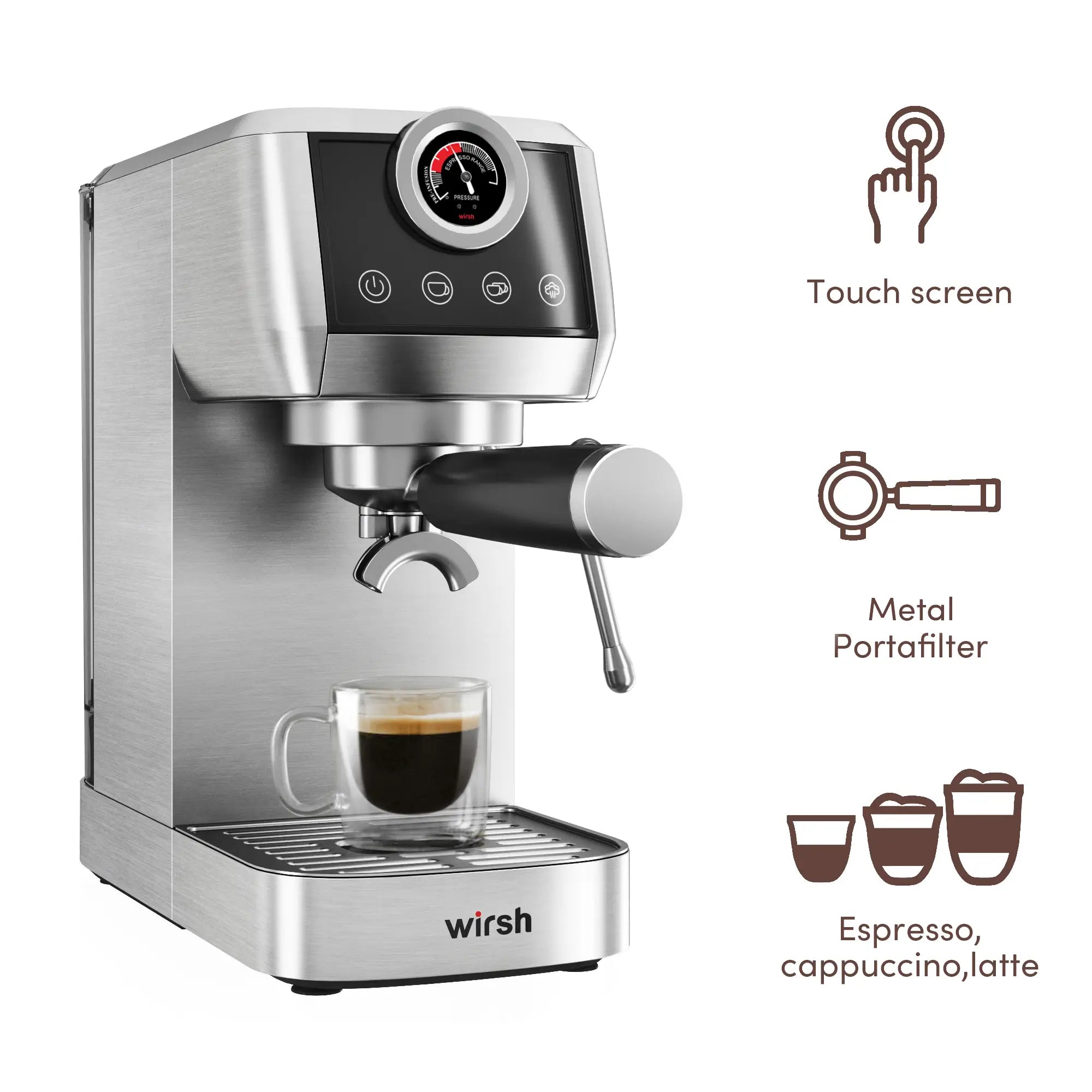 Wirsh 20 Bar Espresso Machine with Plastic Free Portafilter and Steamer, Pressure Gauge, Touch Screen, Full Stainless Steel (
