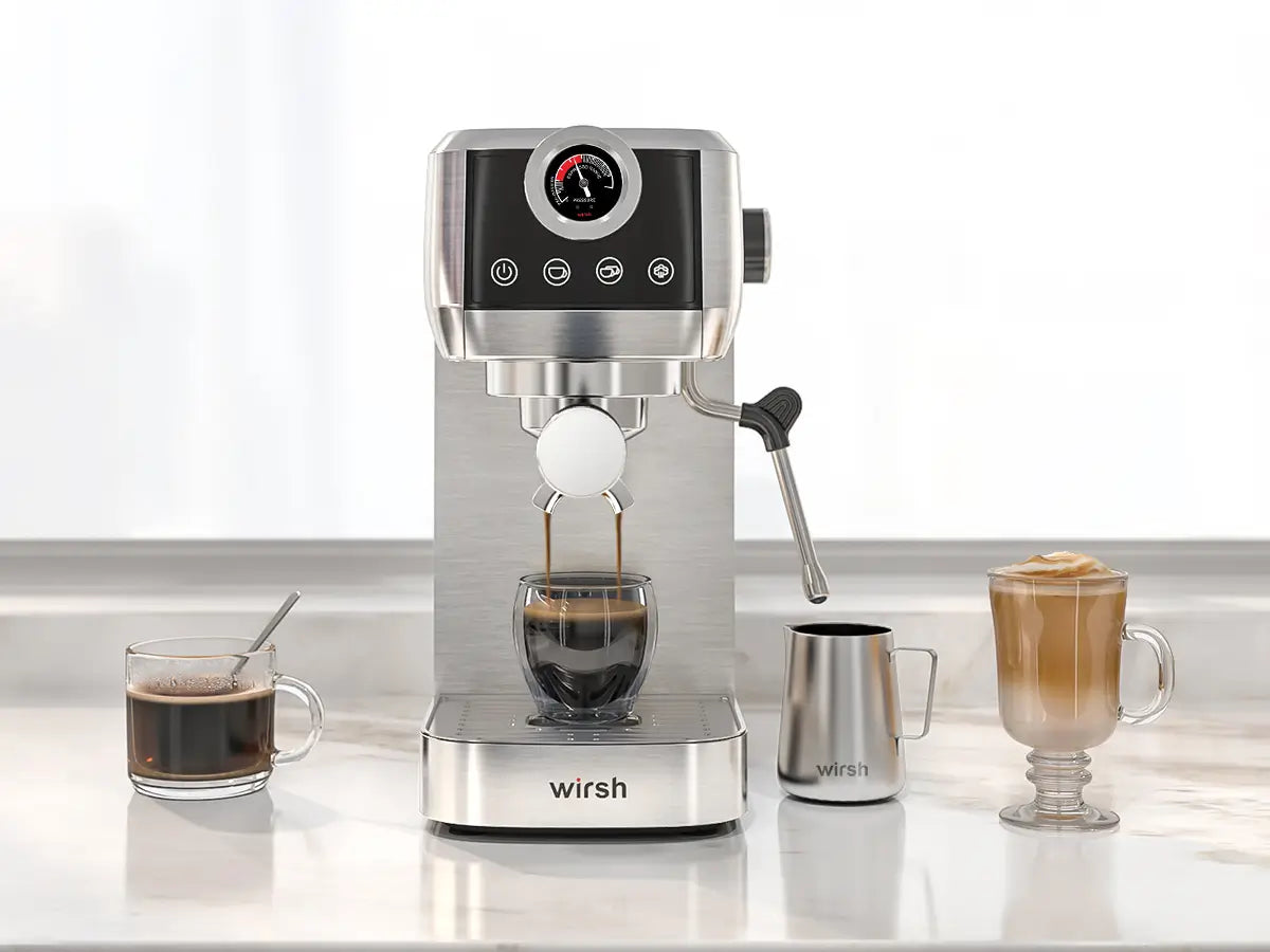 Wirsh 20 Bar Espresso Machine with Plastic Free Portafilter and Steamer, Pressure Gauge, Touch Screen, Full Stainless Steel (