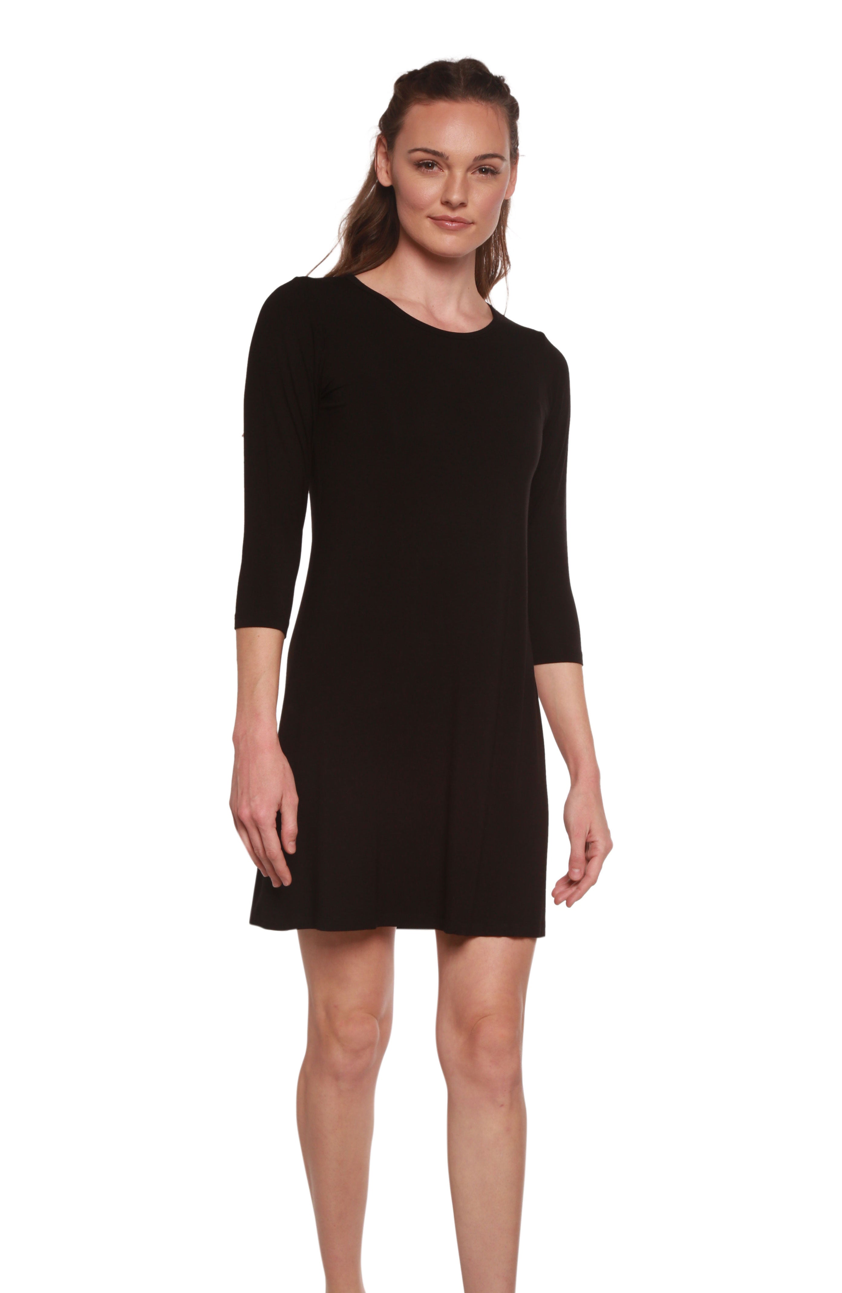 Spun Bamboo Women's A-Line Bamboo Viscose Dress in Black — detail close-up