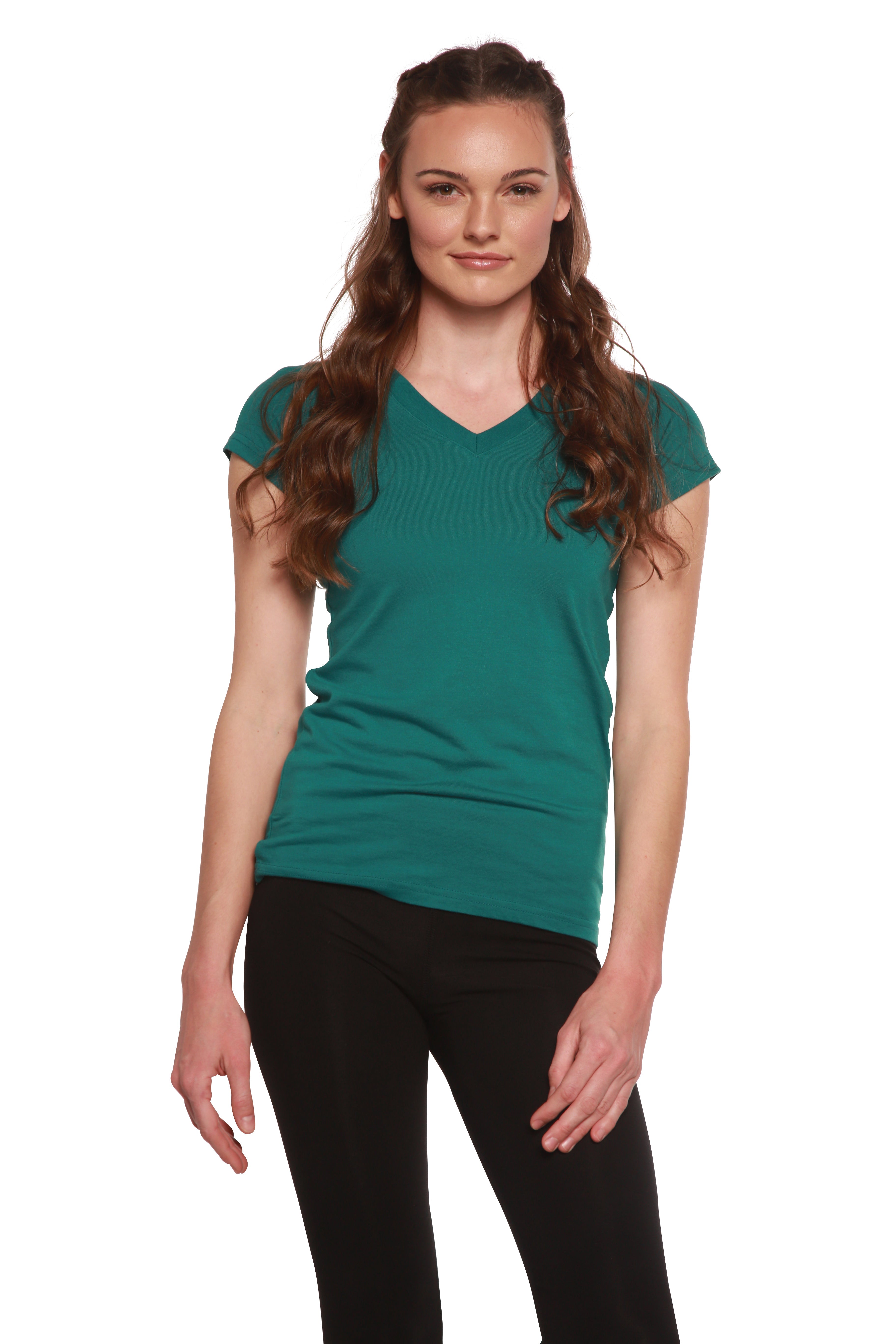 Spun Bamboo Women's Bamboo Viscose/Cotton V-Neck Cap Sleeve T-Shirt — detail close-up