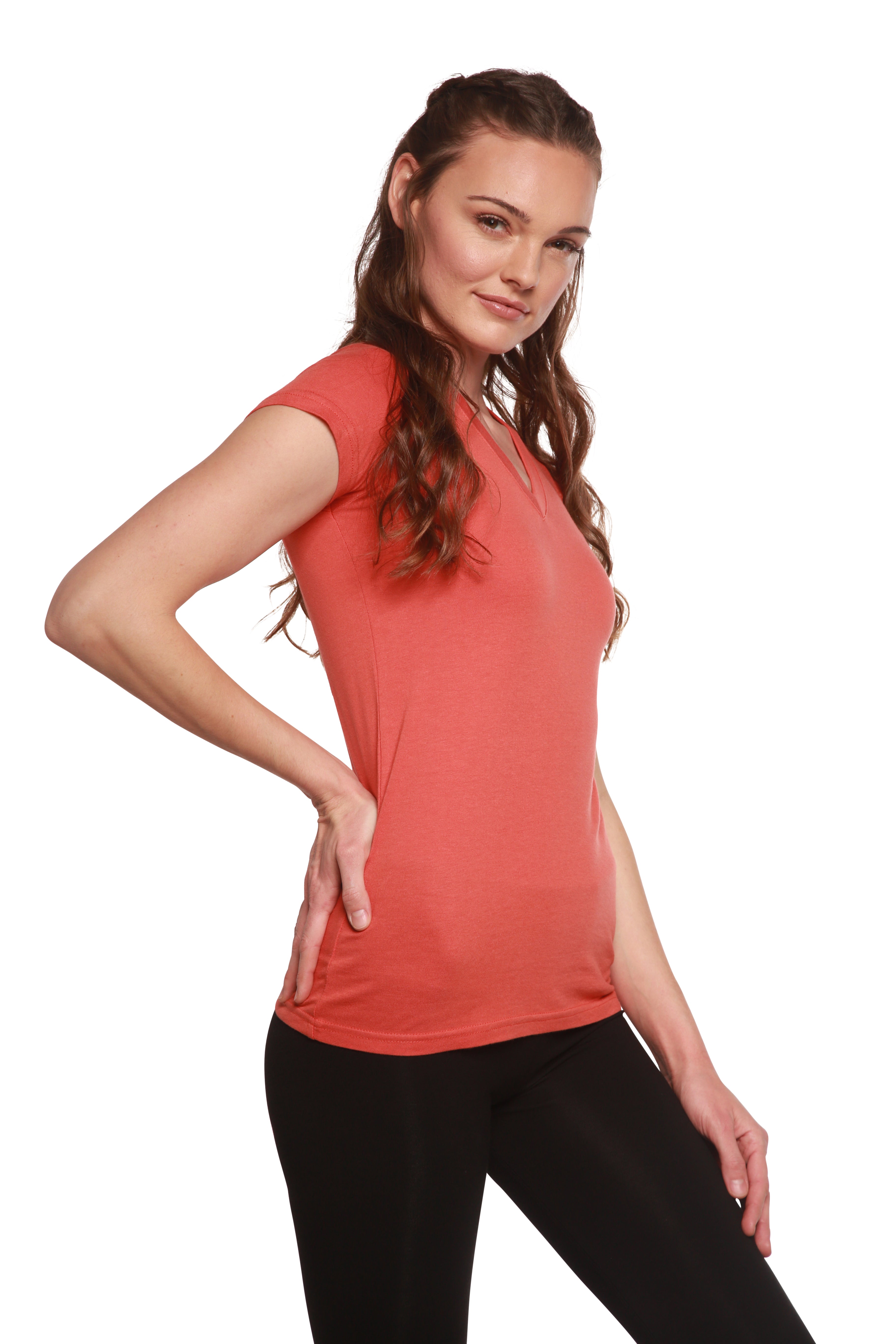 Spun Bamboo Women's Bamboo Viscose/Cotton V-Neck Cap Sleeve T-Shirt — comparison shot
