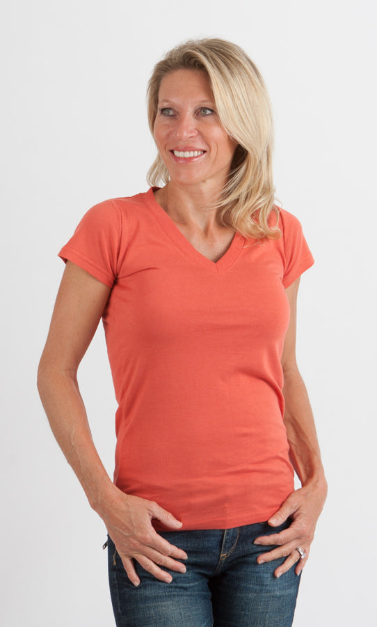 Spun Bamboo Women's Bamboo Viscose/Cotton V-Neck Cap Sleeve T-Shirt — flat-lay composition