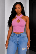 Women’s Crisscross Halter Keyhole Crop Top – Stretch Knit Tank