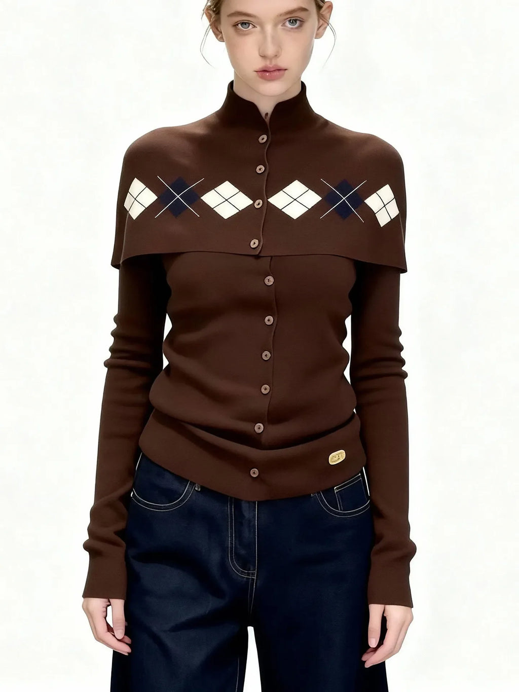Women's French Retro Brown Argyle Knit Cardigan Faux Two-Piece Button Design Sweater