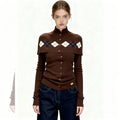 Women's French Retro Brown Argyle Knit Cardigan Faux Two-Piece Button Design Sweater