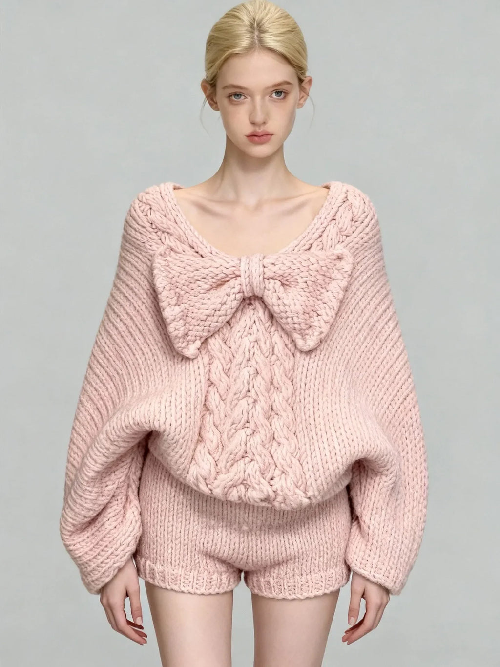 Women's Pink Bow V-Neck Long Sleeve Knit Sweater and High Waist Shorts Two-Piece Set