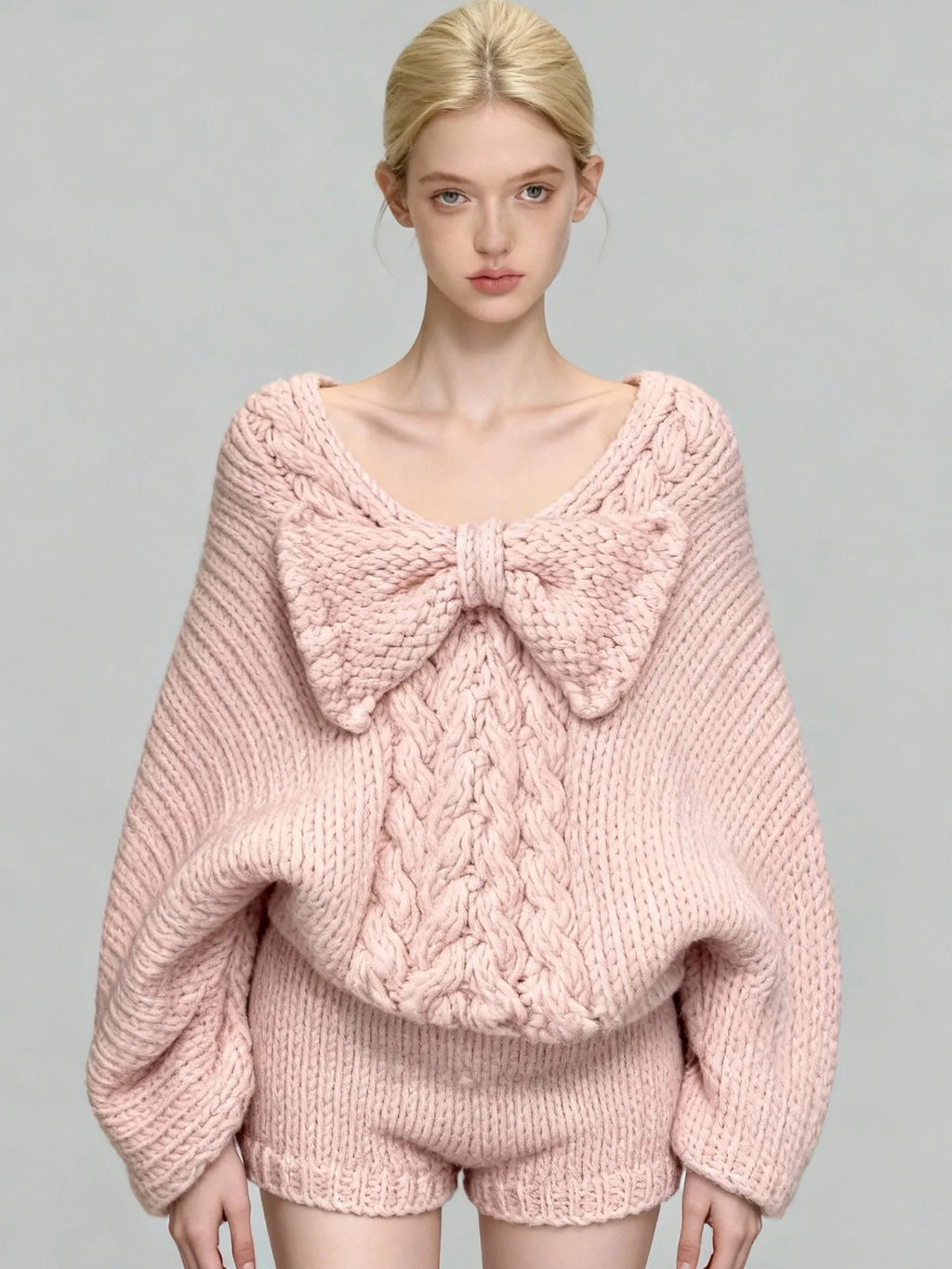 Women's Pink Bow V-Neck Long Sleeve Knit Sweater and High Waist Shorts Two-Piece Set