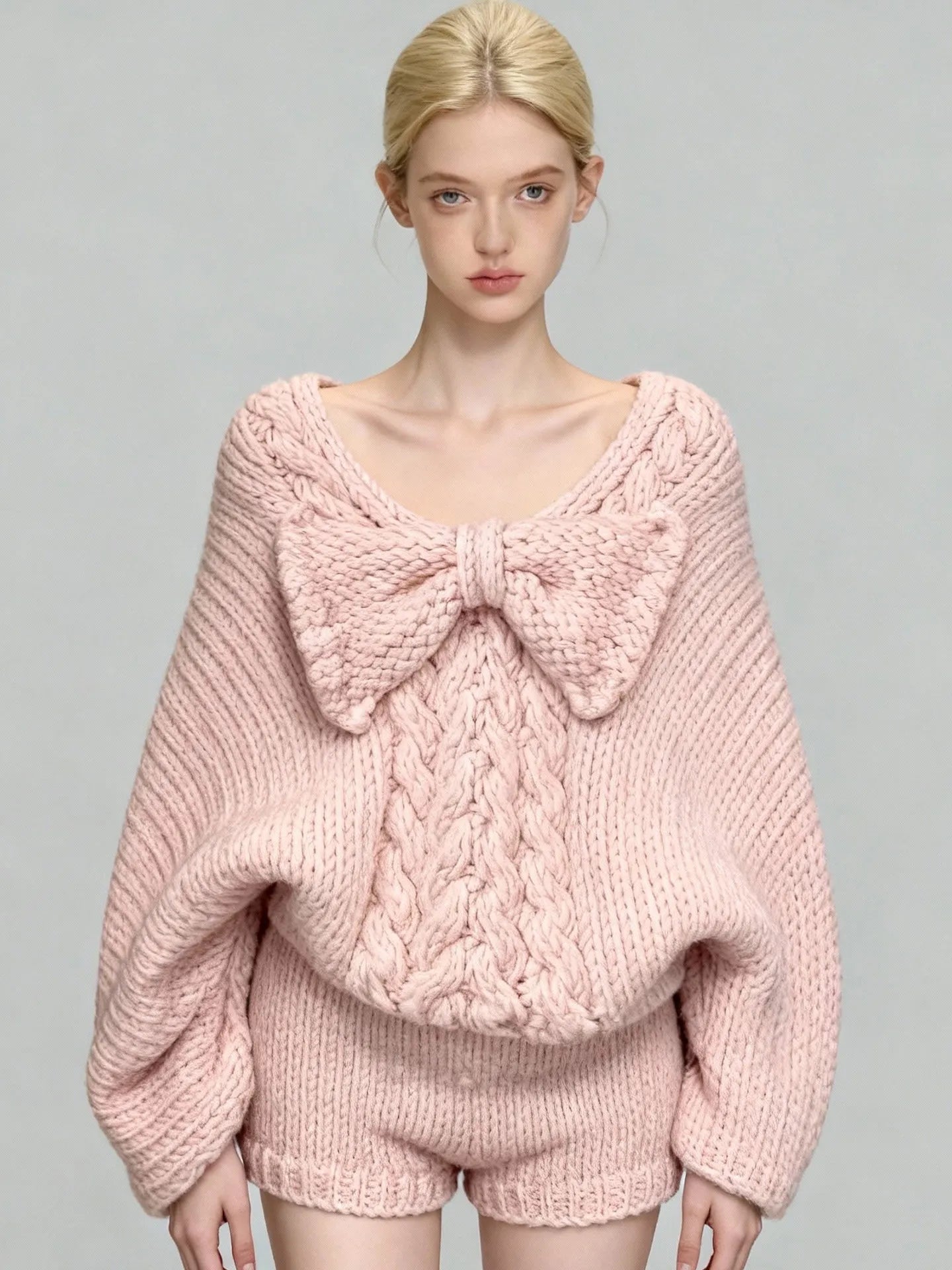 Women's Pink Bow V-Neck Long Sleeve Knit Sweater and High Waist Shorts Two-Piece Set
