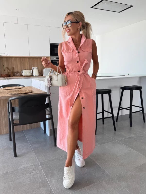 Women's Sleeveless Long Button-Front Tie-Waist Denim Dress