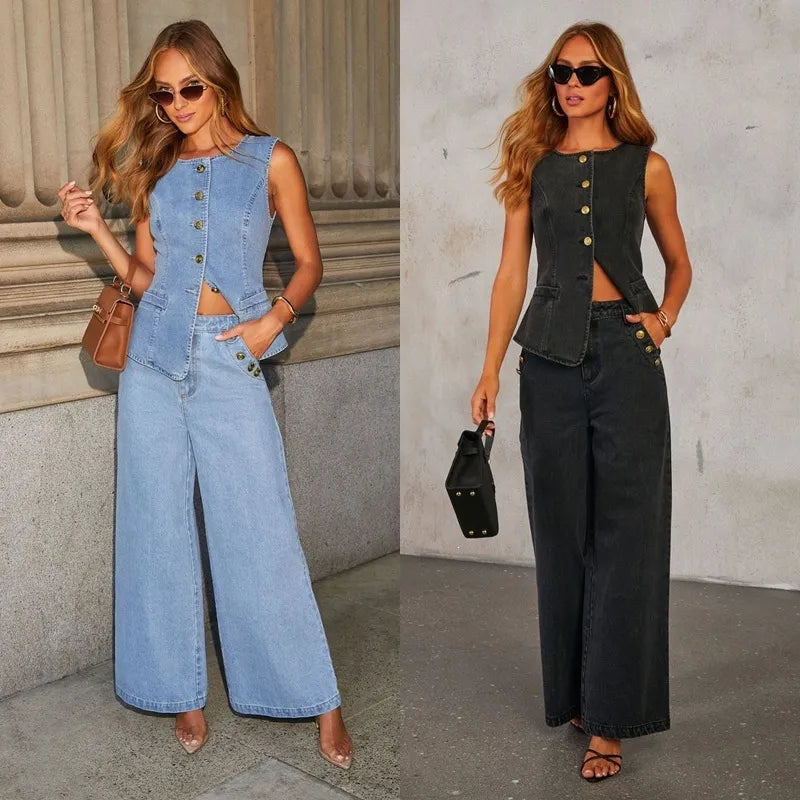 Women's Solid Color Sleeveless Button-Front Denim Vest and Wide Leg Pants Set by SITRA
